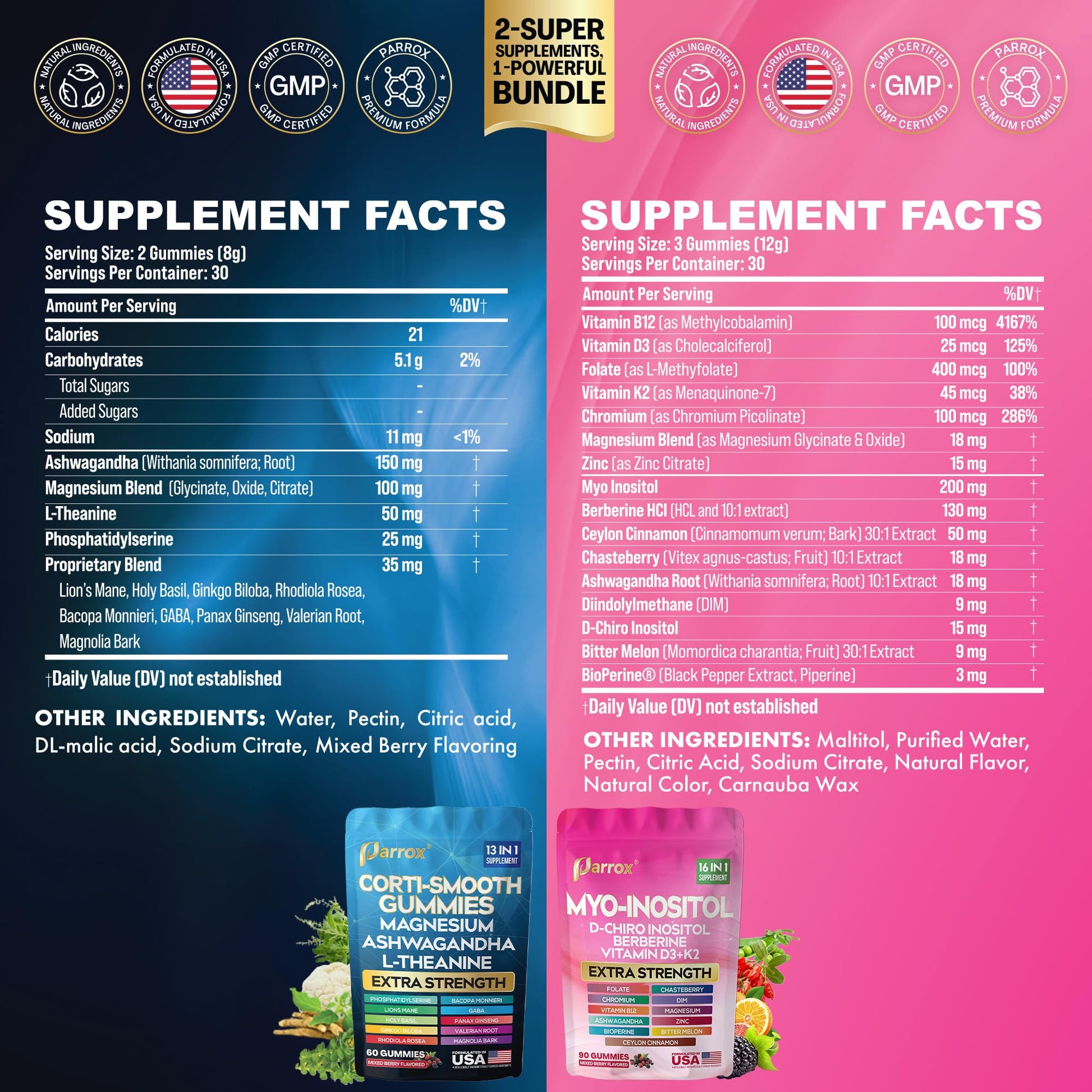 Soothe & Smooth Bundle Gummies - Cortisol & Myo-Inositol Supplement with D-Chiro Inositol, Berberine, Magenesium, Ashwagandha, L-Theanine, Vitamins D3+K2 & B12, Folate, Zinc Lion's Mane (150 Gummies) ParroxAu supplements