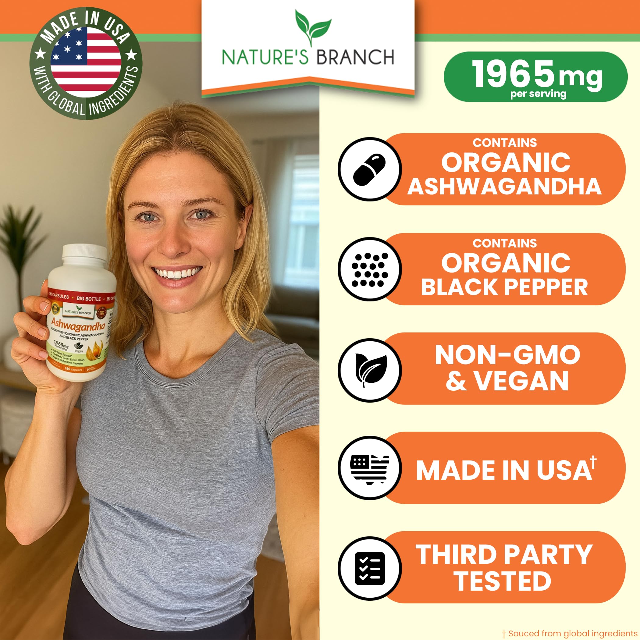 UDAF Certified Organic Ashwagandha with Black Pepper, 1965mg - Extra Strength for Stress, Sleep, Mood, Thyroid, Energy, Hair, Vegan Pure Root Extract Powder Supplement for Men and Women | 180 Capsules NATURE'S BRANCHAu supplements