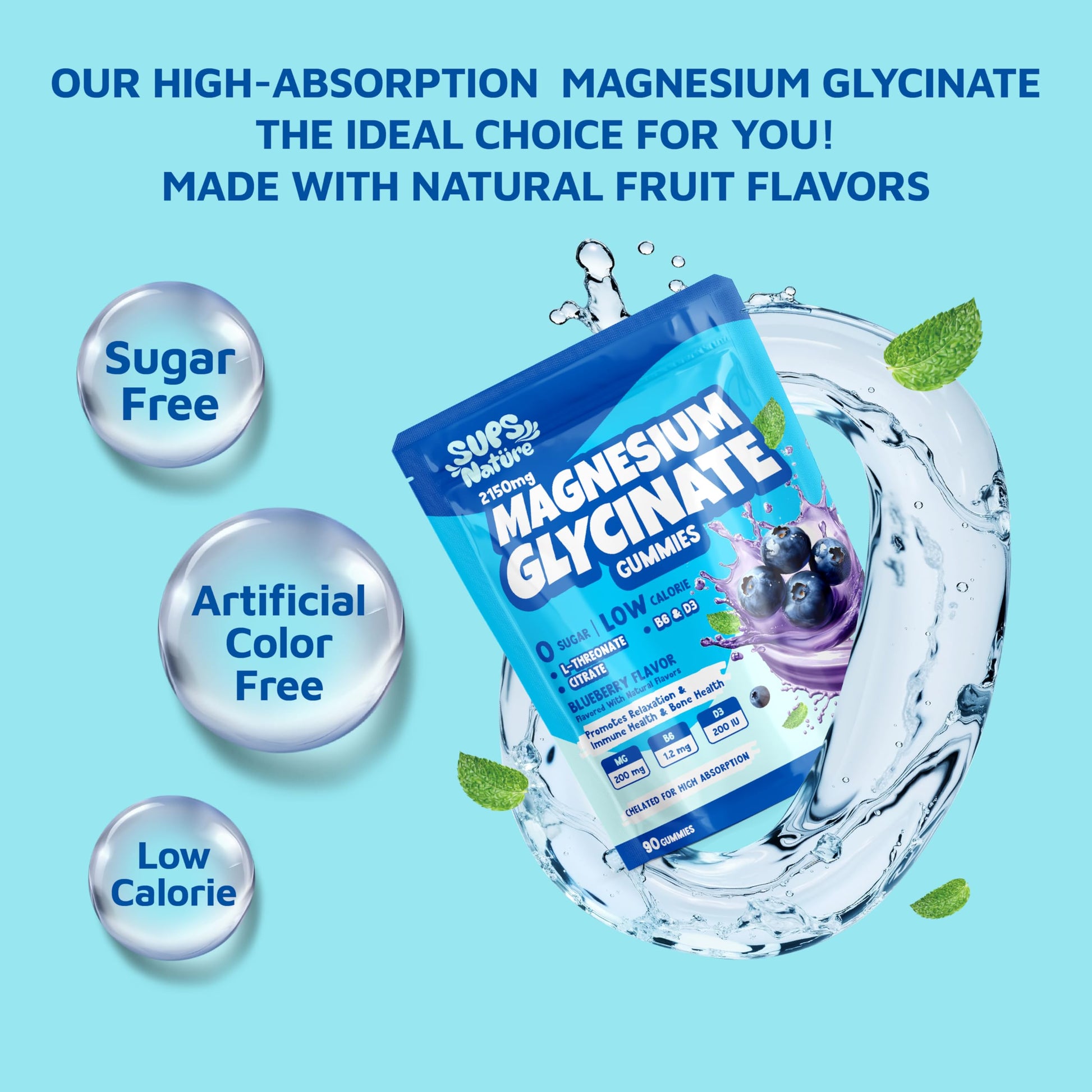 Magnesium Glycinate Gummies 2150 mg with Magnesium L-Threonate for Adults, Melatonin Free, High Absorption, Blueberry Flavor, 90 Count sups natureAu supplements