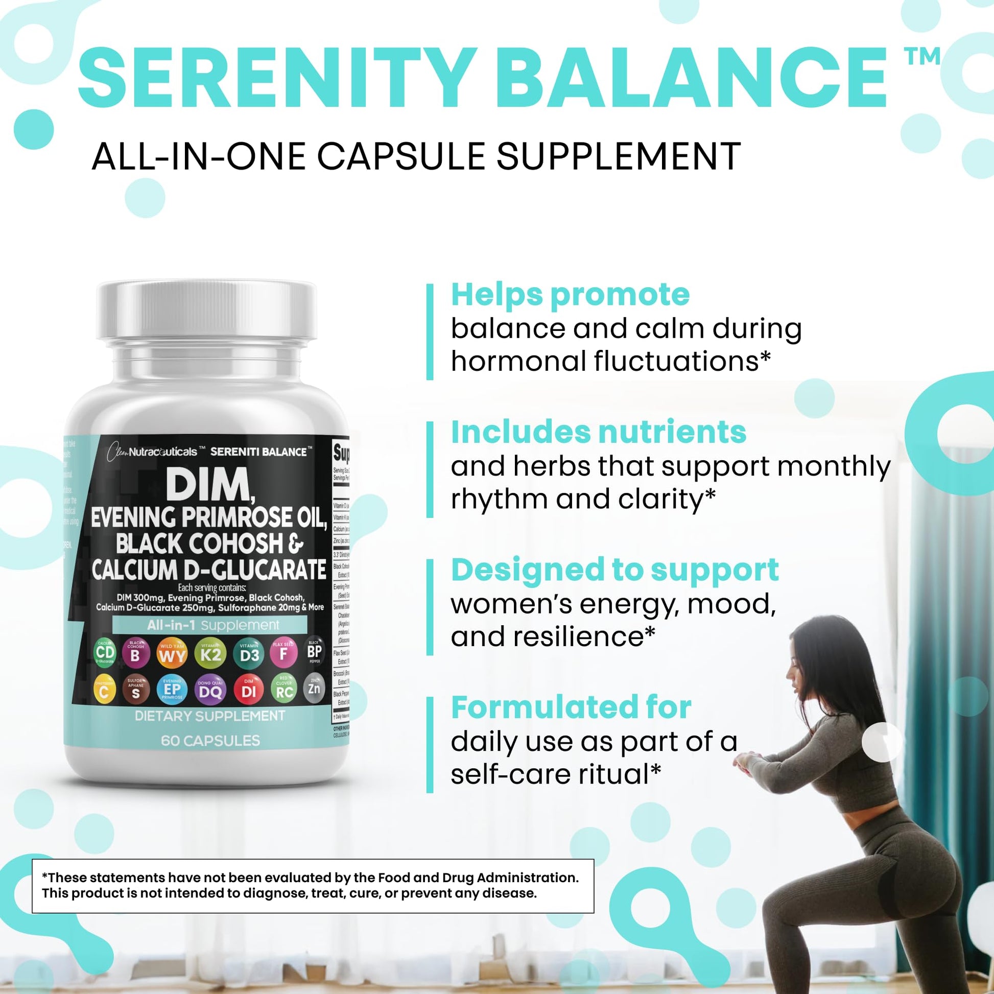 Clean Nutraceuticals DIM Evening Primrose Black Cohosh Calcium D-Glucarate Sulforaphane Flax Seed Extract - Hormonal Support Vitamins for Women with Dong Quai - 60 Caps Clean NutraceuticalsAu supplements