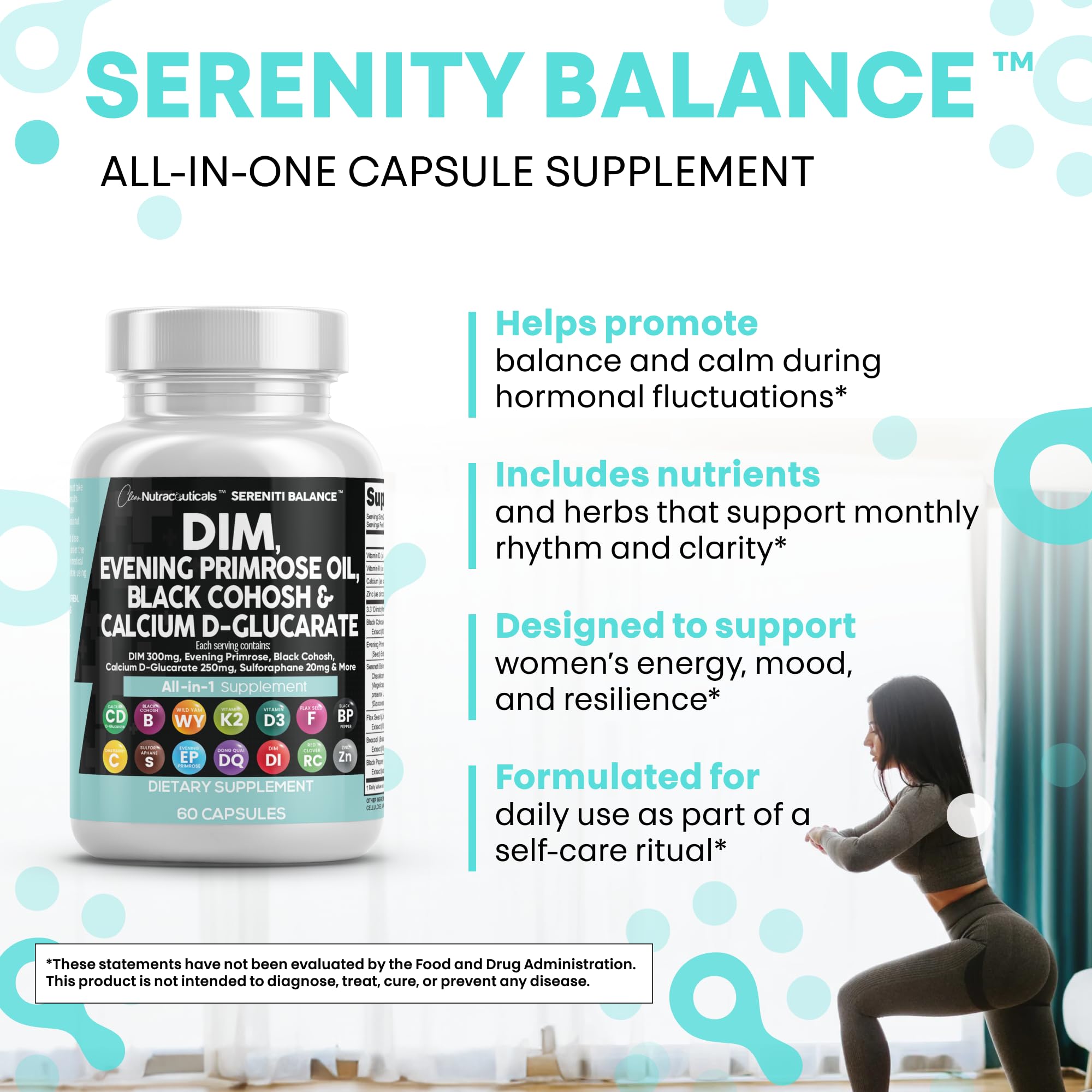 Clean Nutraceuticals DIM Evening Primrose Black Cohosh Calcium D-Glucarate Sulforaphane Flax Seed Extract - Hormonal Support Vitamins for Women with Dong Quai - 60 Caps Clean NutraceuticalsAu supplements