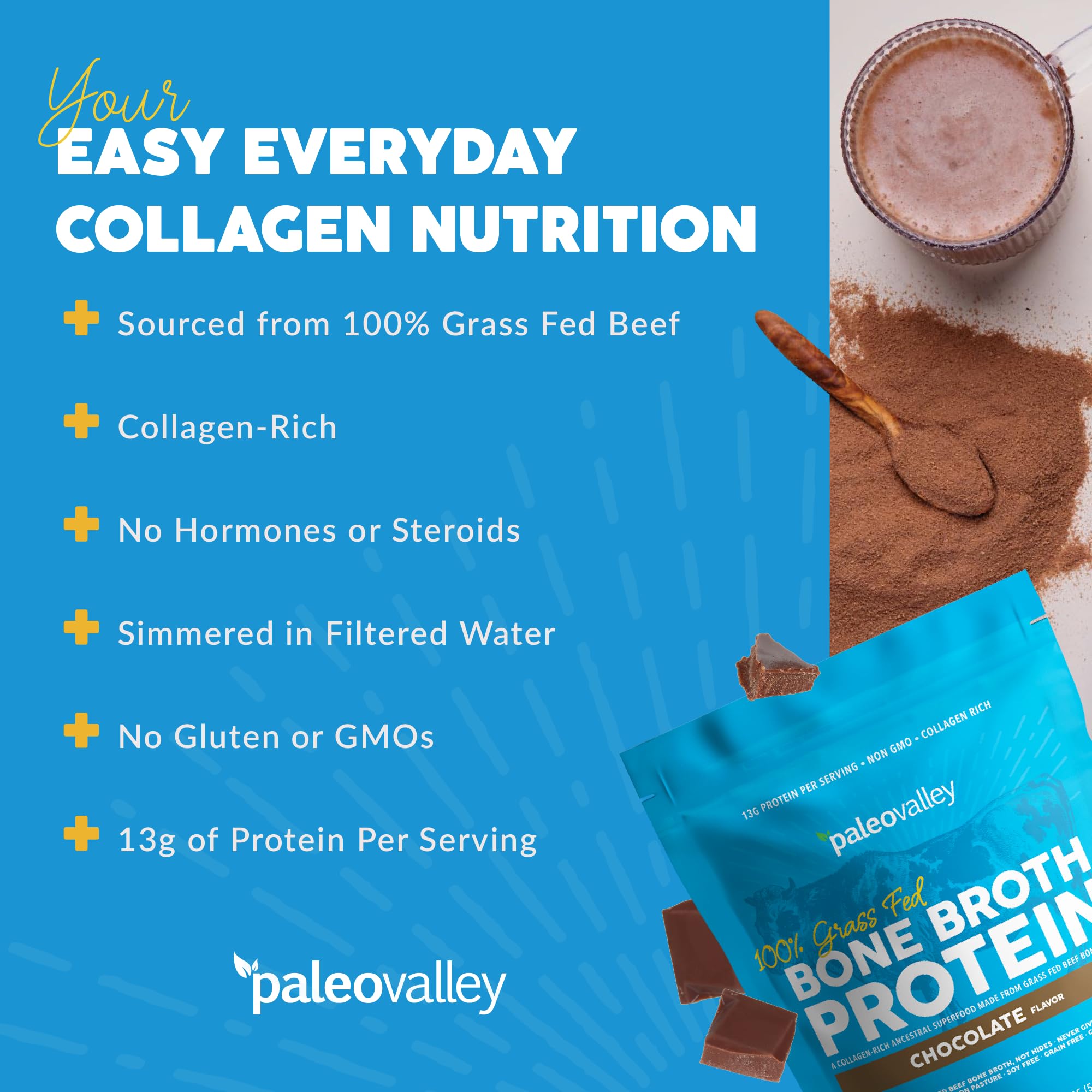 Paleovalley 100% Grass Fed Bone Broth Protein Powder - Chocolate - Rich in Collagen PaleovalleyUS supplements