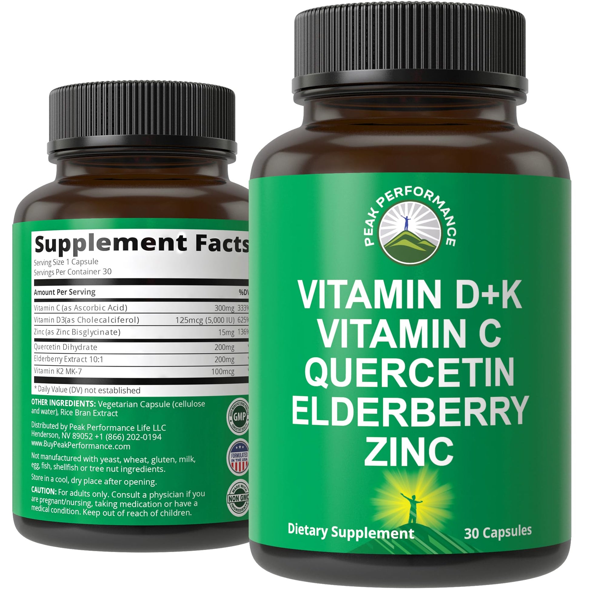 Immune Support Supplement with 6 Top Ingredients. Vitamin D3 K2 + Vitamin C + Elderberry + Zinc + Quercetin. Includes 5000 IU Vitamin D. Immunity Capsules. Supplements for Women and Men Peak PerformanceAu supplements