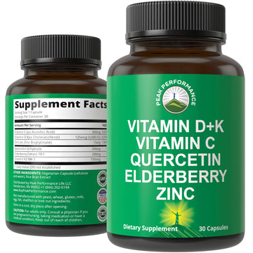 Immune Support Supplement with 6 Top Ingredients. Vitamin D3 K2 + Vitamin C + Elderberry + Zinc + Quercetin. Includes 5000 IU Vitamin D. Immunity Capsules. Supplements for Women and Men Peak PerformanceAu supplements