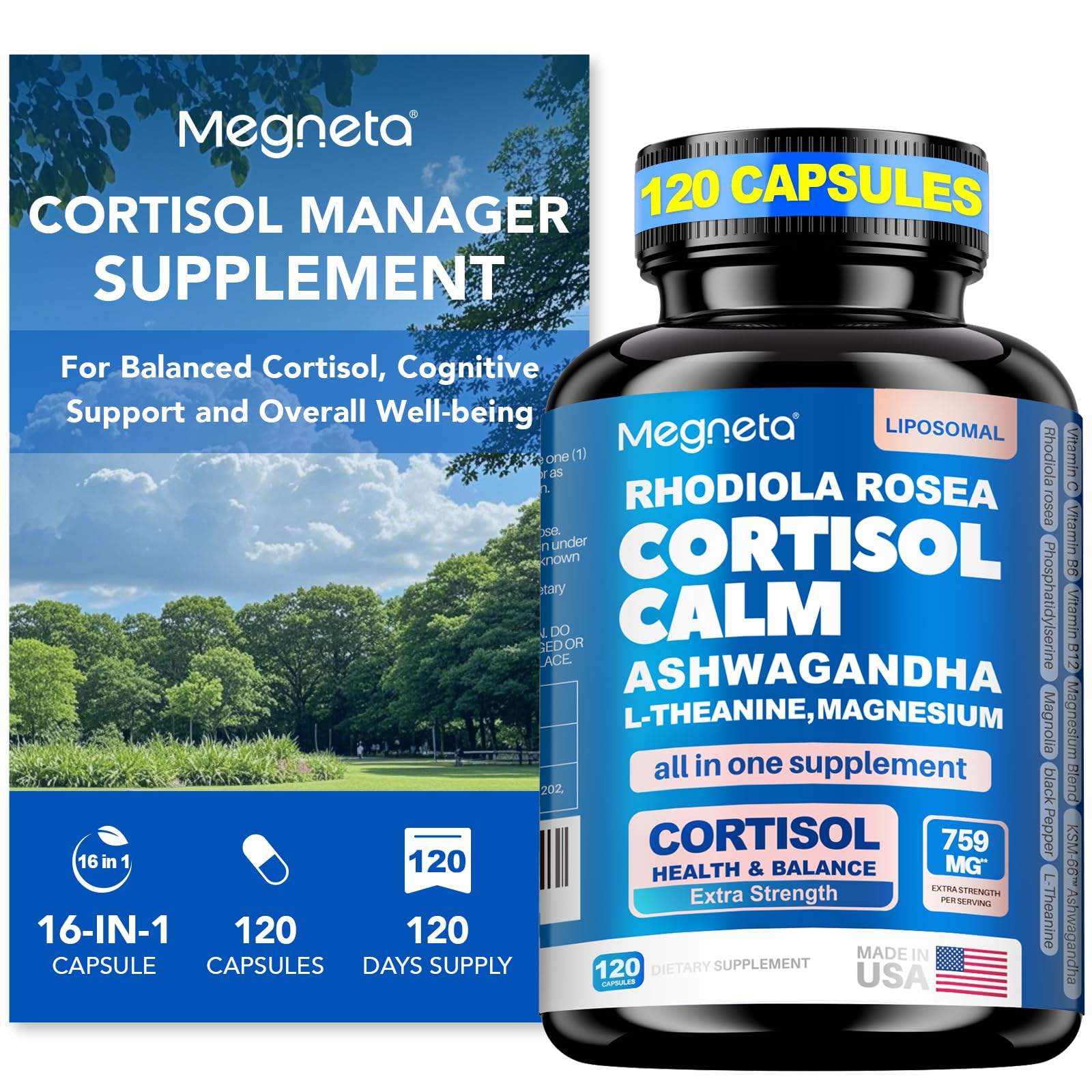 Cortisol Balance & Sleep Support for Women & Men – Natural Calm Formula with Magnesium, Ashwagandha & L-Theanine – Supports Restful Sleep, Relaxation, Focus & Healthy Cortisol Levels – 120 Capsules MEGNETAAu supplements