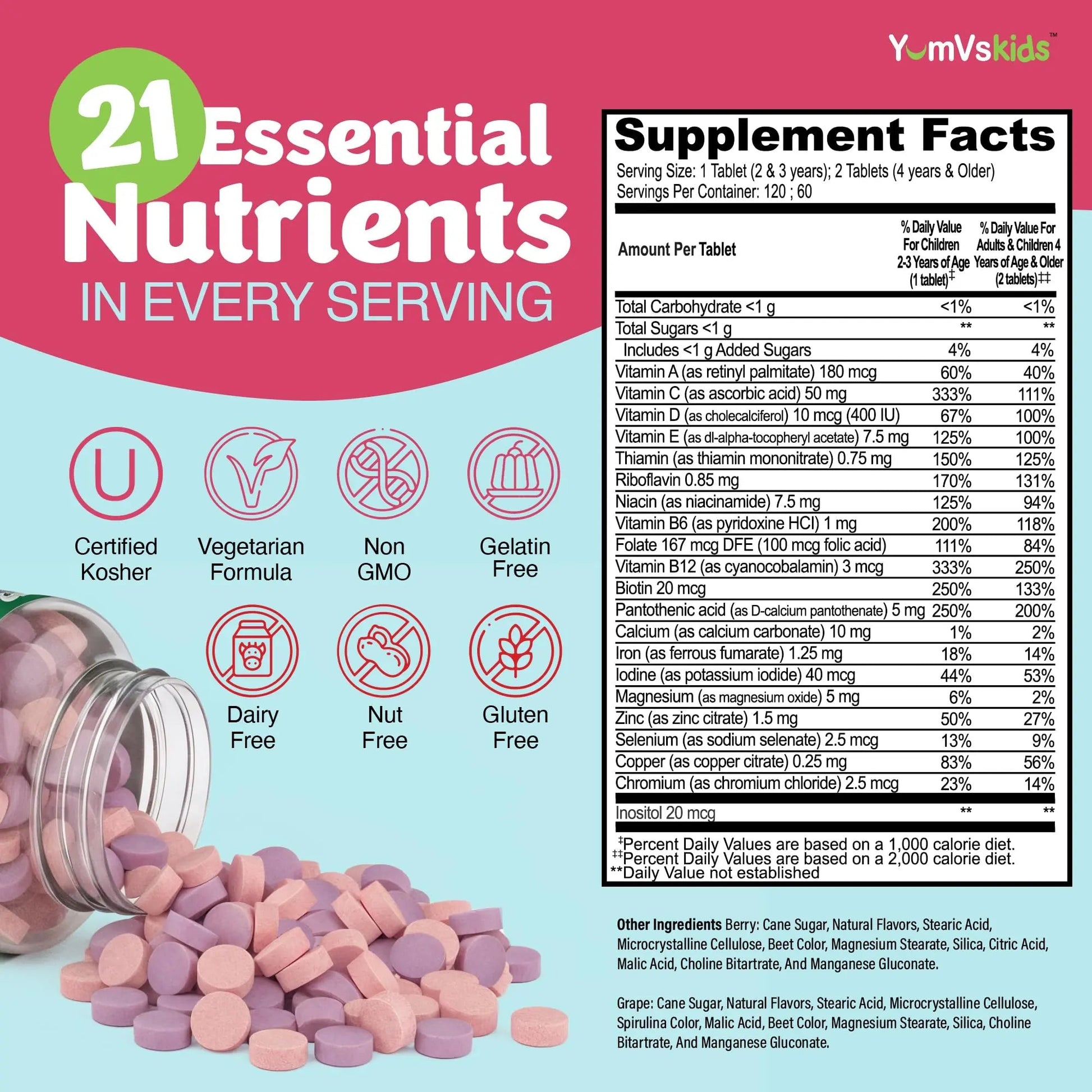 YumVs Kids Multivitamin with Iron & Minerals Chewable Tablets – Grape & Berry Flavor Vitamins for Toddlers & Children Age 2+ – Daily Multivitamin YUM-V'SAu supplements