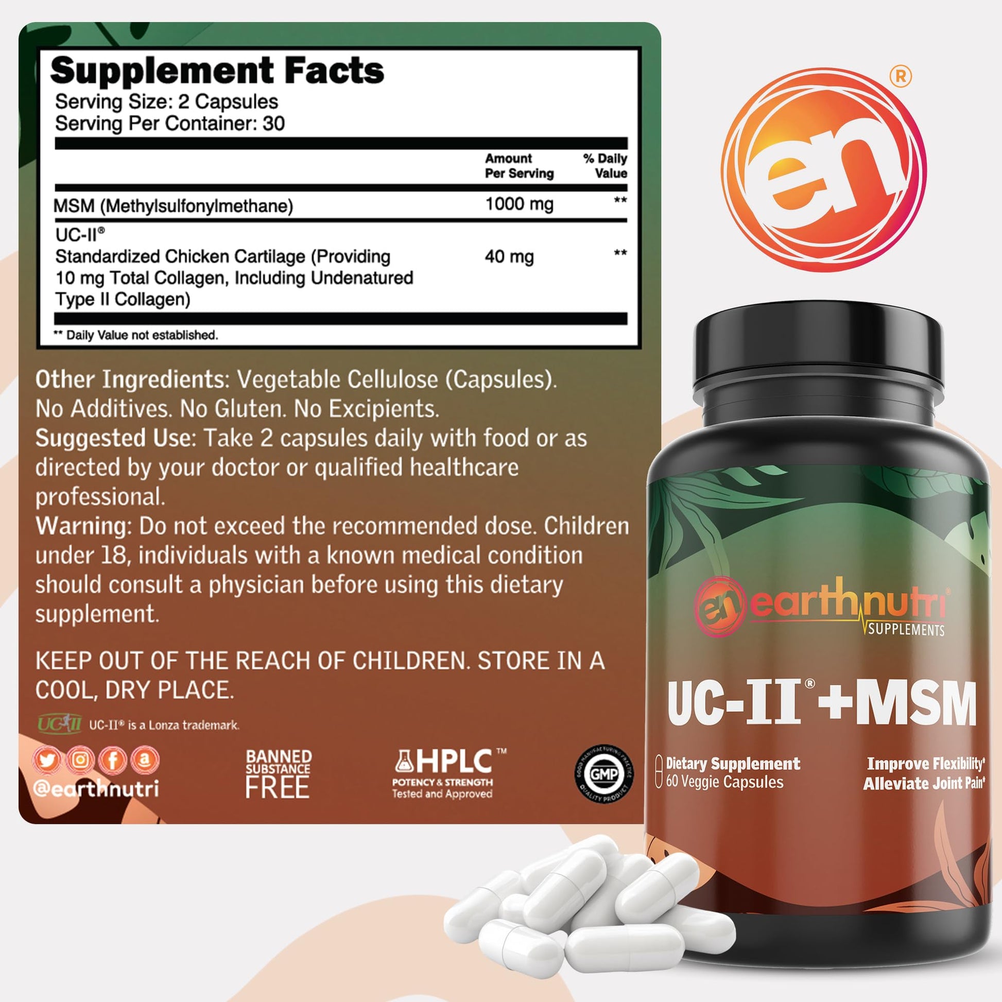 EarthNutri UC-II Collagen & MSM Supplement for Bone Health and Joint Flexibility Joint Supplement - 40mg UC-II Providing 10mg Total Collagen & 1000mg MSM - 60 Capsules (2 Caps Daily) EarthNutriAu supplements