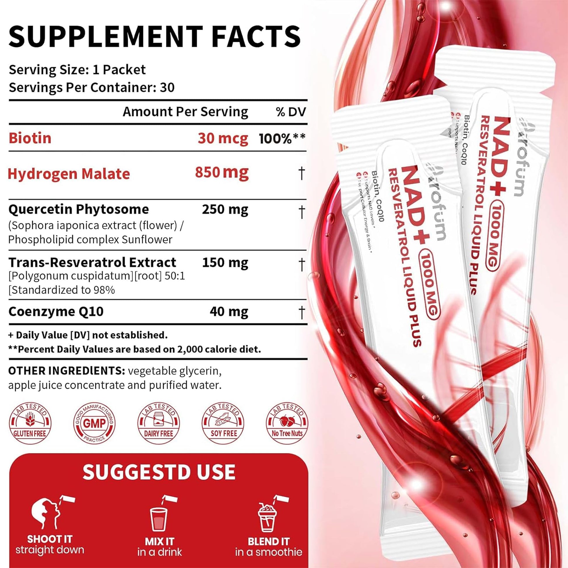 Arofum NAD+ Liquid Supplement 1000mg | 850mg Nicotinamide Riboside with Resveratrol, Quercetin, CoQ10 & Biotin | Cellular Energy, DNA Repair, Healthy Aging | NAD Supplements for Women & Men 30 Packets ArofumAu supplements