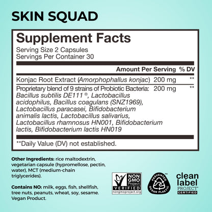 HUM Skin Squad Probiotics for Women and Men, Skin Care Supplement for Clear Complexion & Gut Health Support, Microbiome Prebiotic & Probiotic Supplement for Breakouts, Digestive Health, 60 Capsules HUMUS supplements