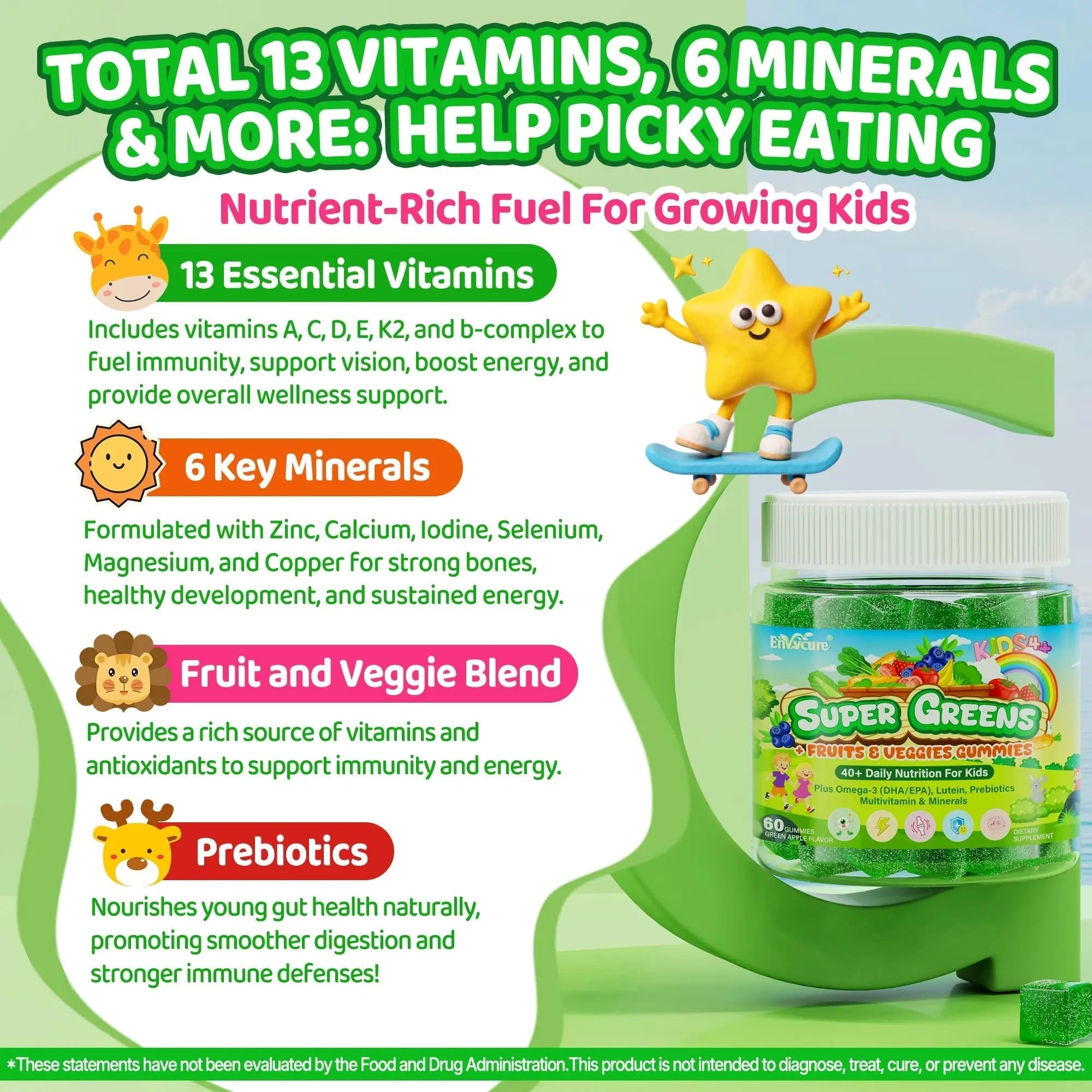 Kids Super Greens Gummies, w/Multivitamins, Spirulina, Chlorella, Spinach, Broccoli, Calcium, Omega-3 (DHA/EPA) EnvyCureAu supplements