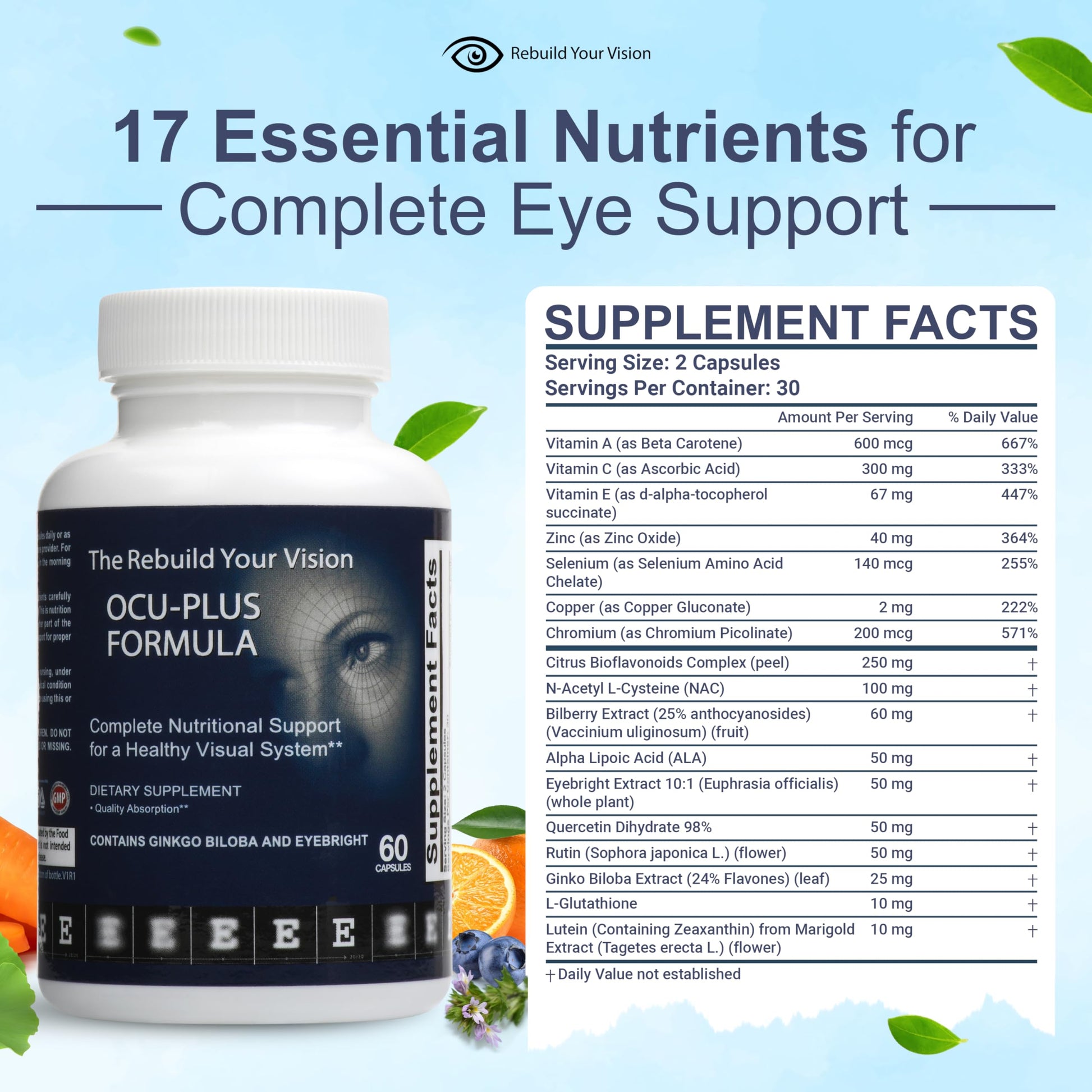 Rebuild Your Vision Ocu-Plus Formula – Eye Health Supplement with Lutein & Zeaxanthin – Supports Visual Clarity, Night Vision & Macular Health – with Bilberry, Ginkgo Biloba & NAC – 60 Capsules Rebuild Your VisionAu supplements