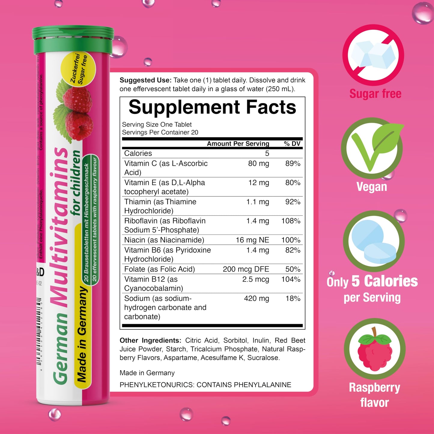 T&D German Multivitamin for Children 60 Drink Effervescent Tablets - Sweet Raspberry Flavour, Sugar Free, Vegan - Vitamin C, E, B1, B2, B6, B12 T&DUS supplements