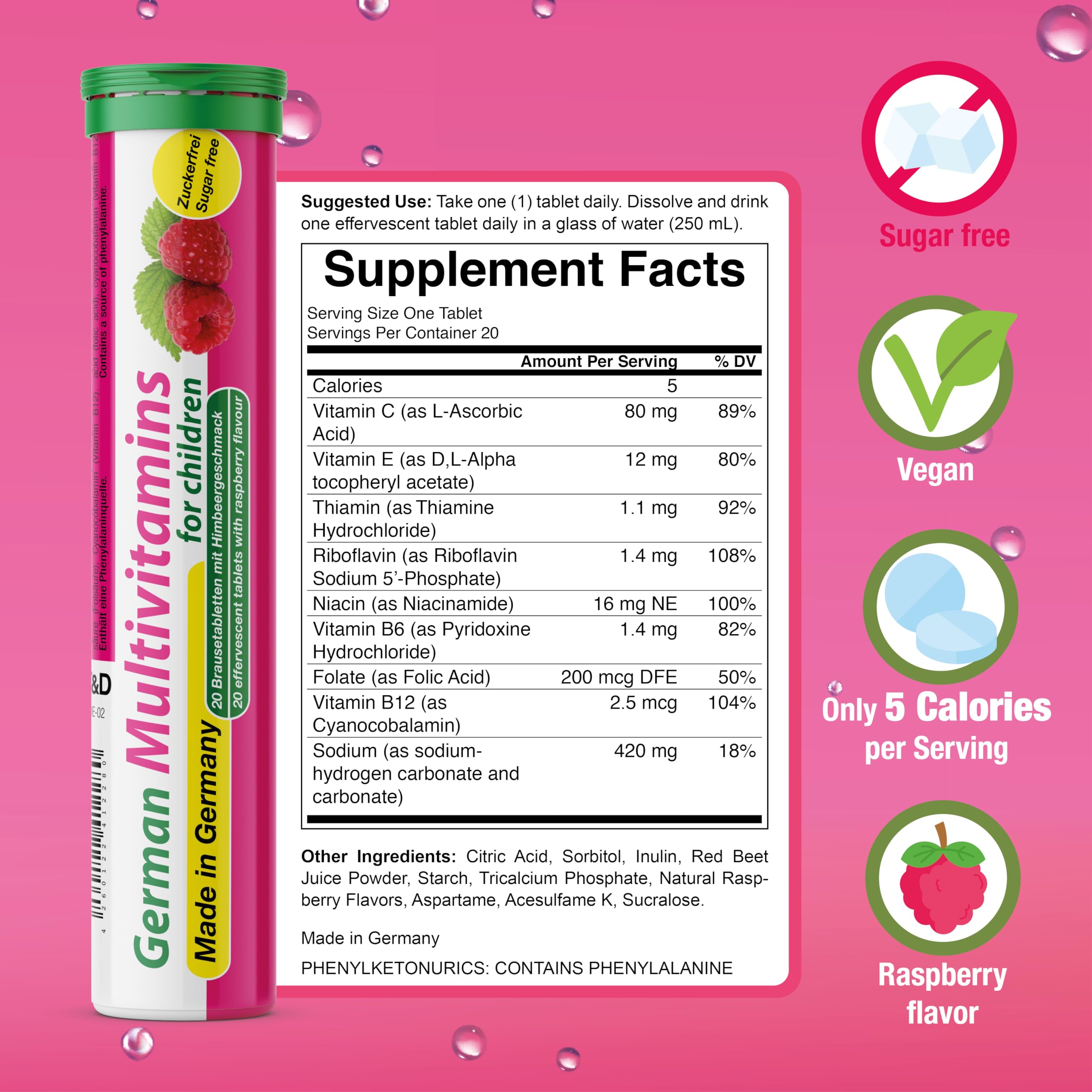 T&D German Multivitamin for Children 60 Drink Effervescent Tablets - Sweet Raspberry Flavour, Sugar Free, Vegan - Vitamin C, E, B1, B2, B6, B12 T&DUS supplements