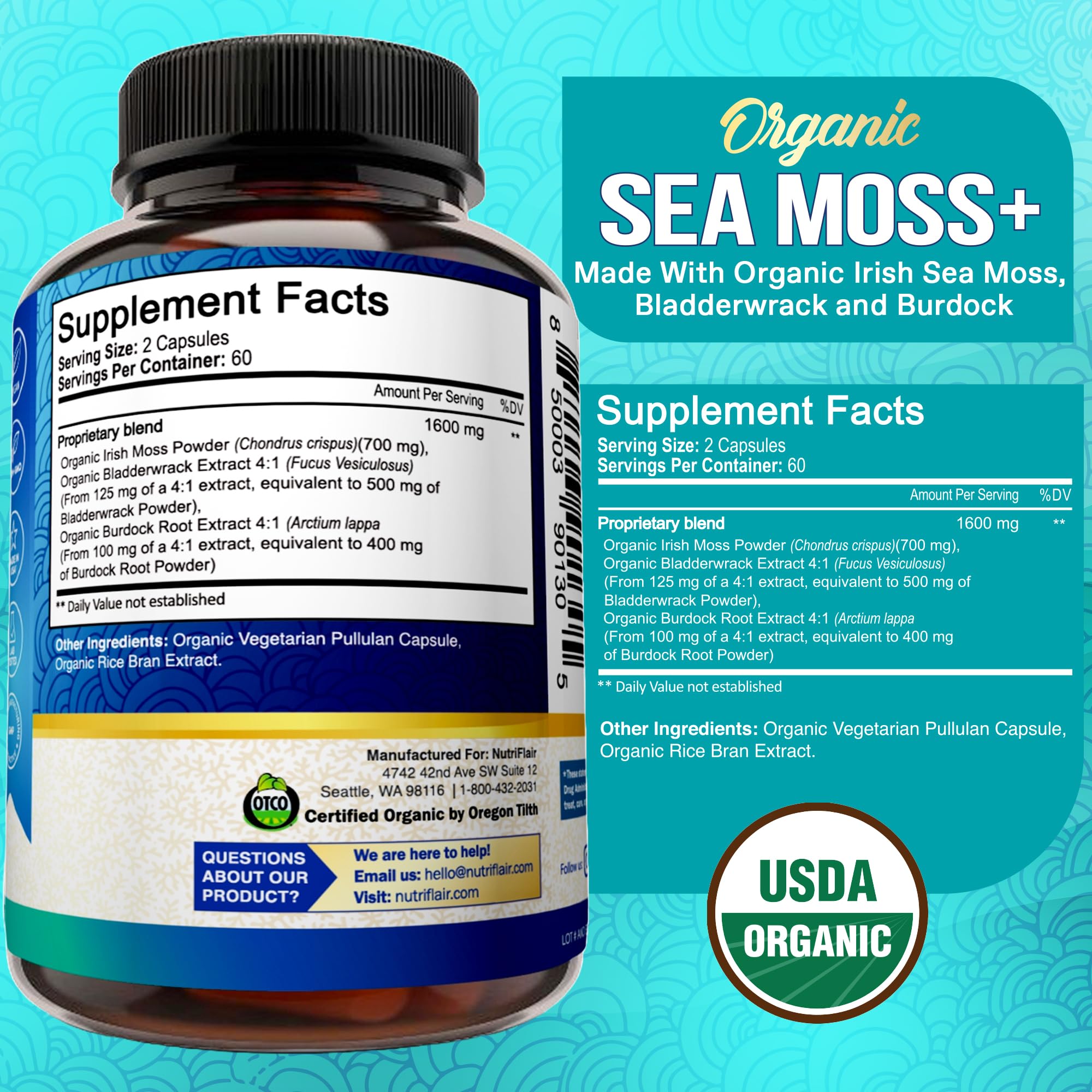 NutriFlair Organic Sea Moss 1600mg, 120 Capsules Plus Bladderwrack & Burdock - Prebiotic Super Food - Immune System & Digestive Health - Thyroid, Healthy Skin, Keto Detox, Gut NutriFlairAu supplements