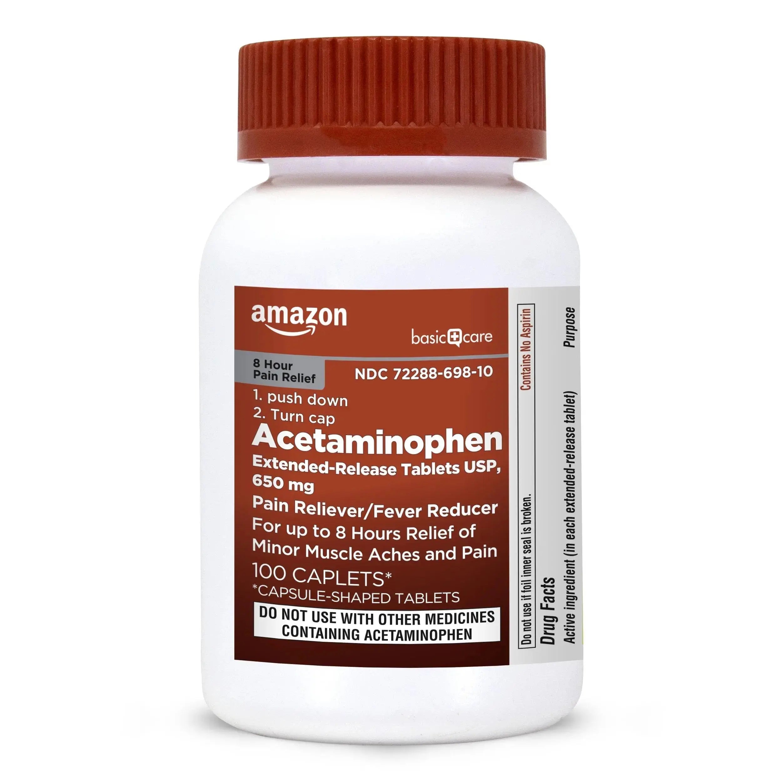 Amazon Basic Care Acetaminophen Extended-Release Tablets, 650 mg, Pain Reliever, Fever Reducer, 8 Hour Relief, 100 Count Amazon Basic CareAu supplements