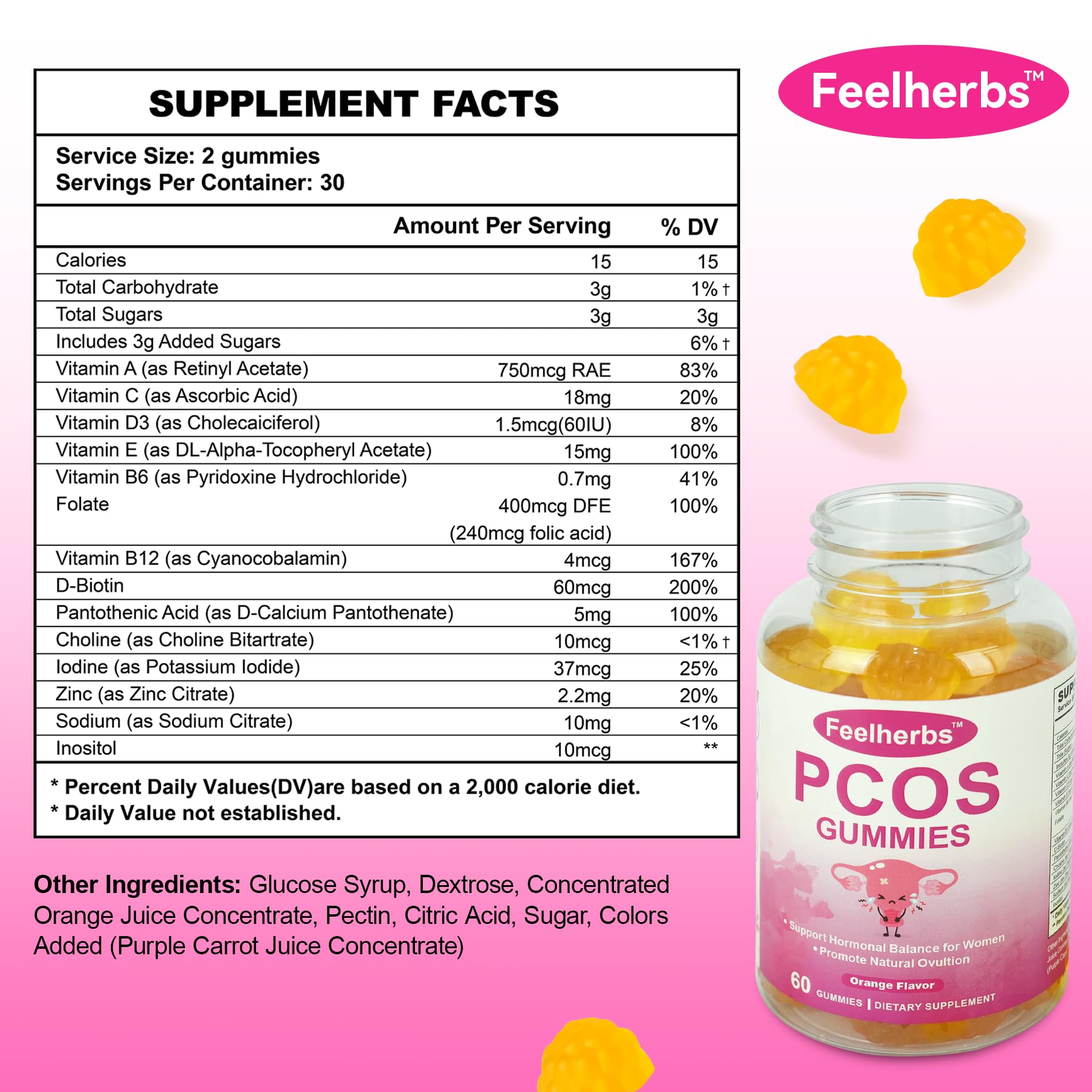 PCOS Gummies for Women Menstrual Cycle & Hormonal Balance, 60 Count Ovarian Support Gummies with Myo-Inositol, Folate and Vitamins, Orange Flavor PCOS Vitamins Gummies Helps Fertility and Ovulation FeelherbsAu supplements