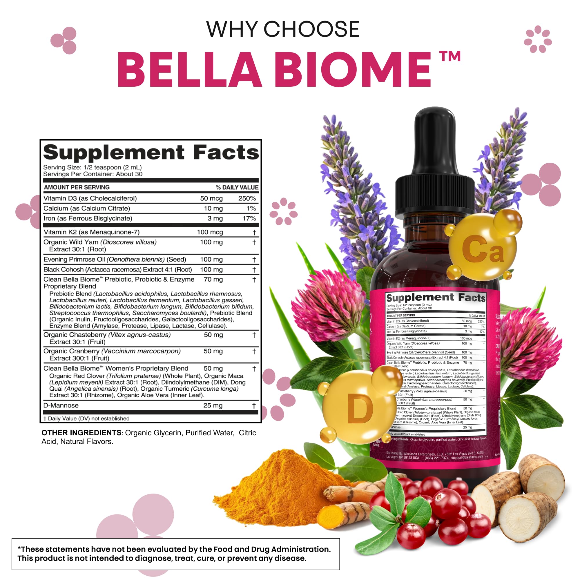 Liquid Probiotics for Women Drops with Chasteberry, Black Cohosh, Prebiotics, Digestive Enzymes, Evening Primrose Oil, Wild Yam, Cranberry Dmannose and Iron Vitamin D3 K2 Clean Nutra Bella Biotics Clean NutraceuticalsAu supplements