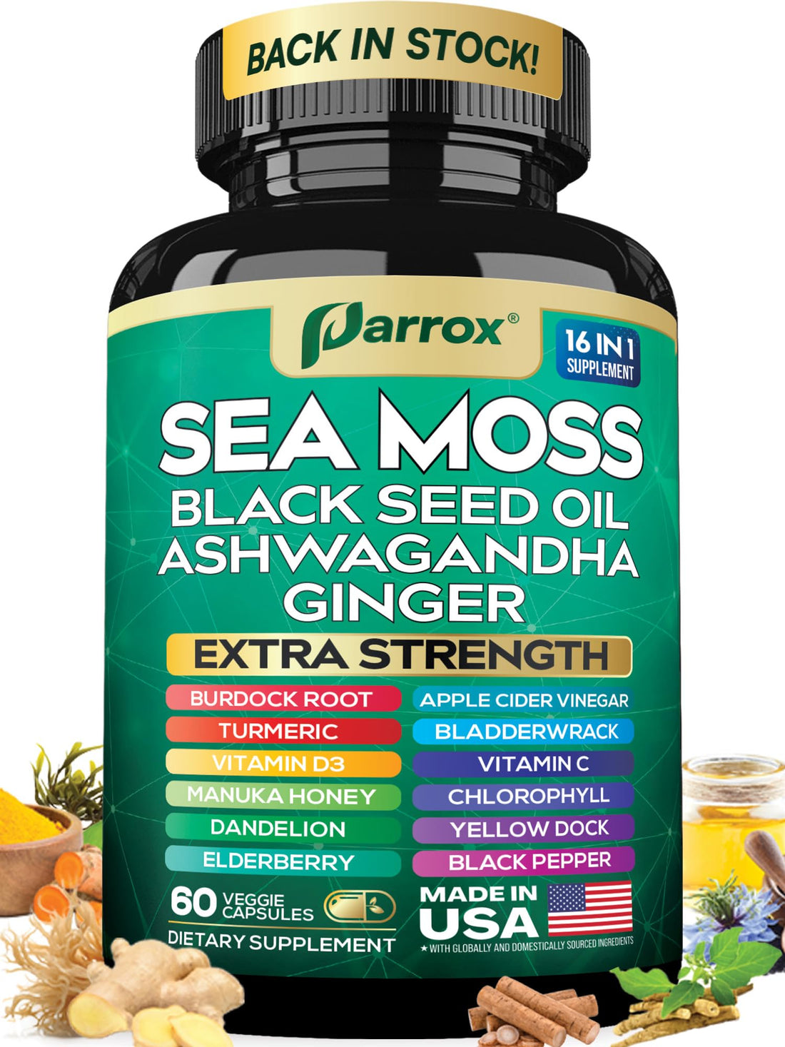 Parrox Sea Moss, Black Seed Oil, Ashwagandha, Turmeric, Chlorophyll, Dandelion, Ginger, Vitamin D3, Black Pepper, Elderberry, ACV, Yellow Dock, Burdock Root, Manuka, Vitamin C, Bladderwrack (60 Caps) ParroxAu supplements