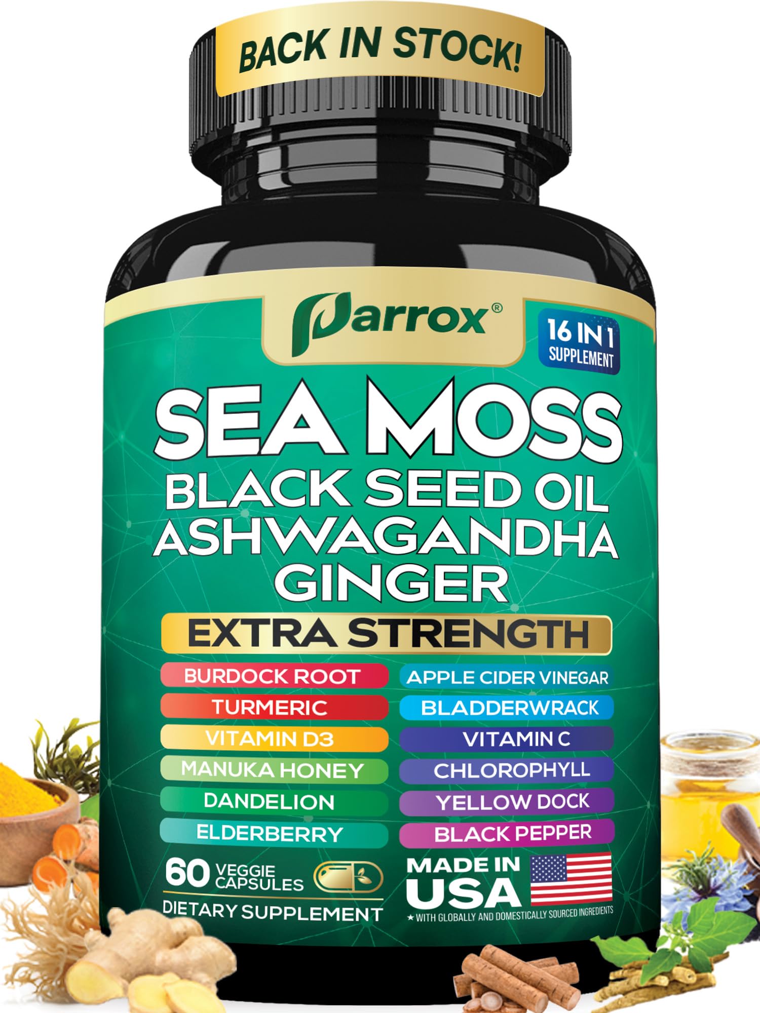 Parrox Sea Moss, Black Seed Oil, Ashwagandha, Turmeric, Chlorophyll, Dandelion, Ginger, Vitamin D3, Black Pepper, Elderberry, ACV, Yellow Dock, Burdock Root, Manuka, Vitamin C, Bladderwrack (60 Caps) ParroxAu supplements