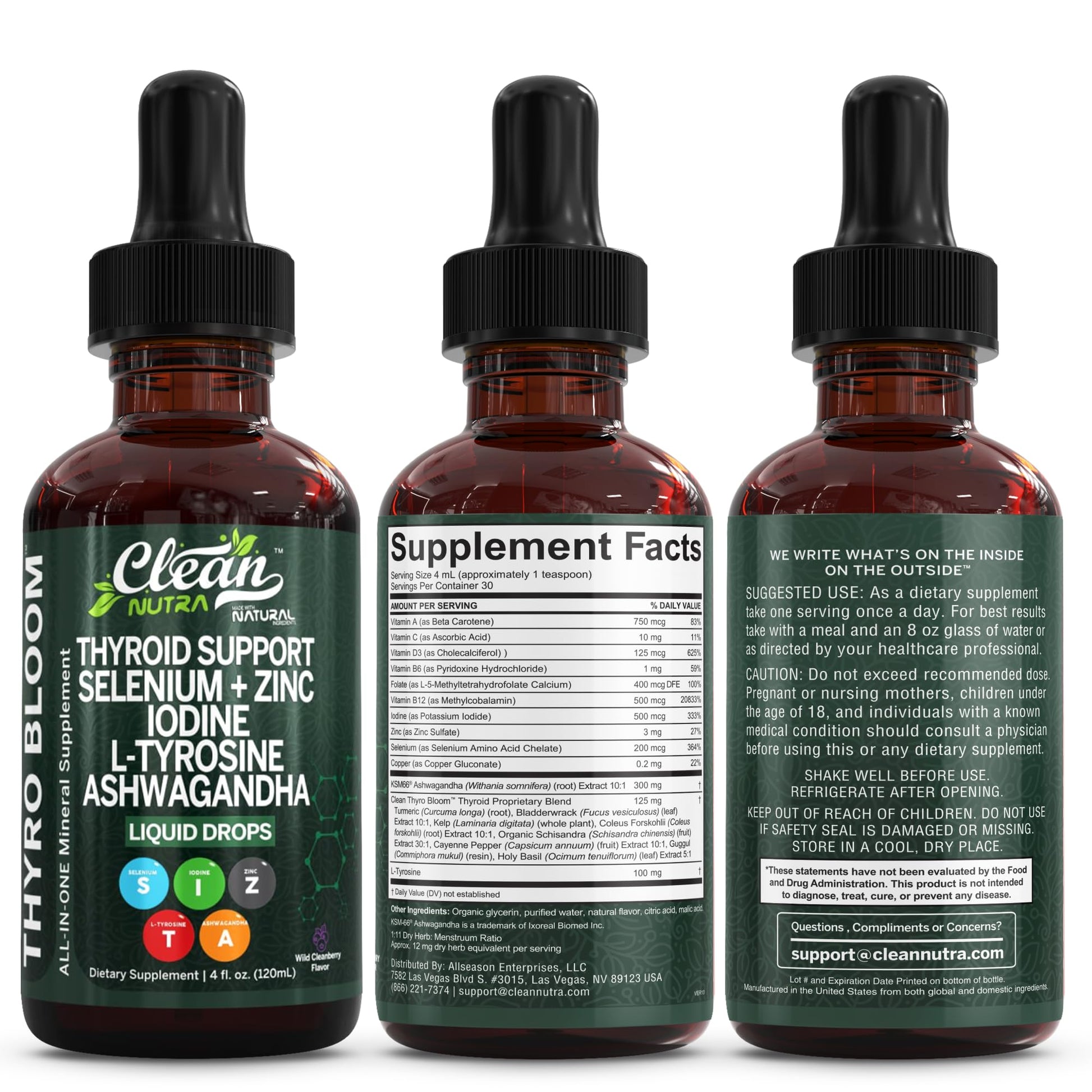 Clean Nutra Thyroid Support Drops Selenium Zinc Iodine L Tyrosine KSM66 Ashwagandha Vitamin D3 B12 A C Turmeric Kelp Schisandra Guggul Cayenne Basil Liquid Supplement Folate Copper Thyro Bloom Drop Clean NutraceuticalsAu supplements