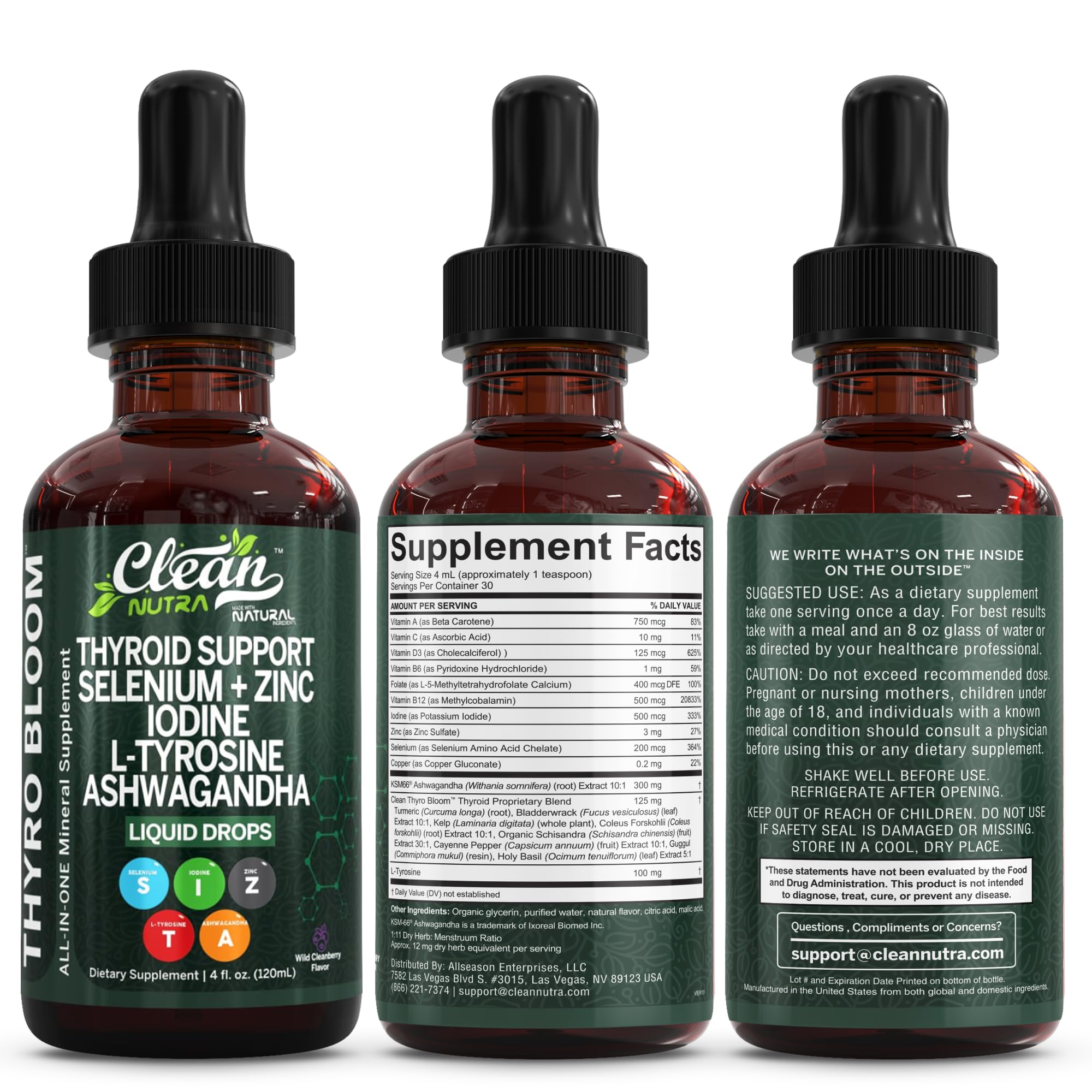 Clean Nutra Thyroid Support Drops Selenium Zinc Iodine L Tyrosine KSM66 Ashwagandha Vitamin D3 B12 A C Turmeric Kelp Schisandra Guggul Cayenne Basil Liquid Supplement Folate Copper Thyro Bloom Drop Clean NutraceuticalsAu supplements