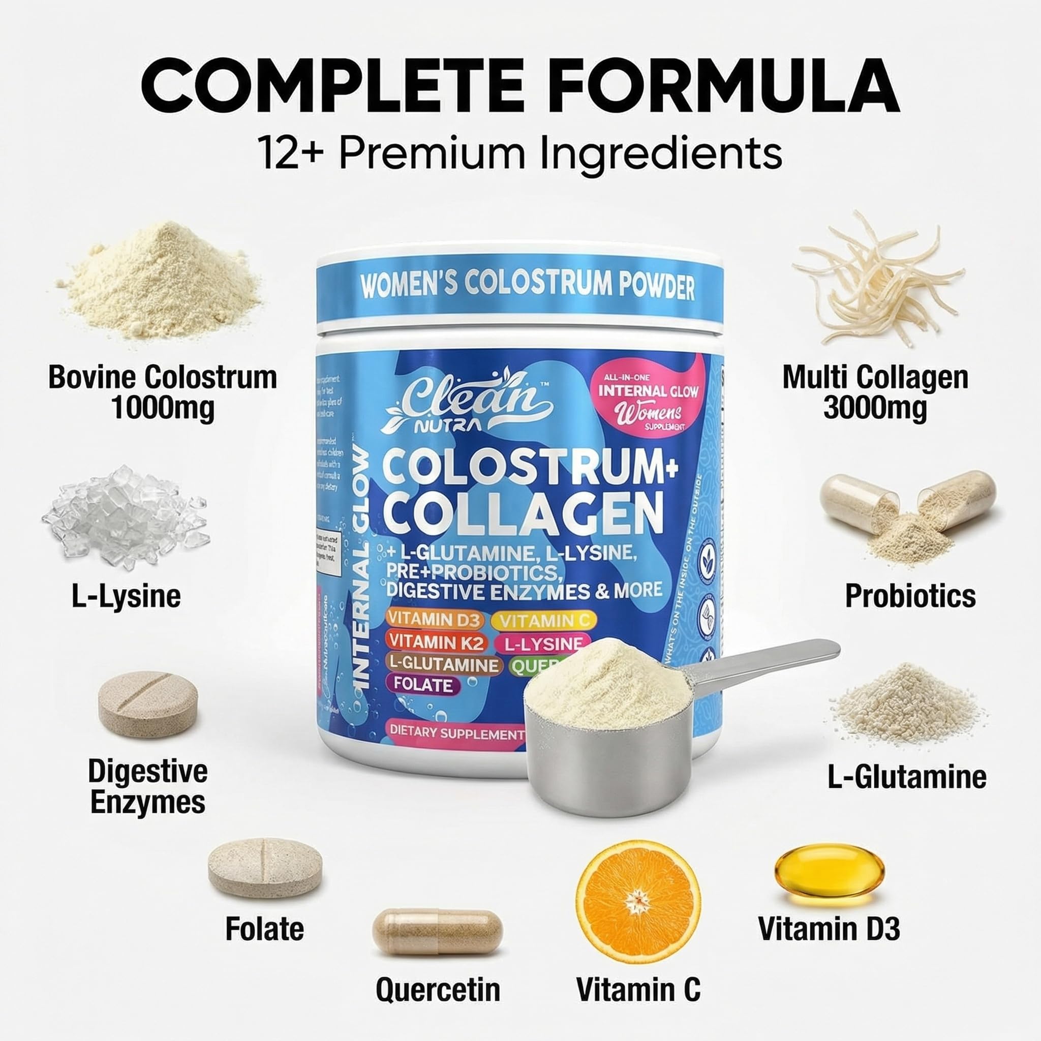 Bovine Colostrum Powder + Collagen Peptides with L-Glutamine L-Lysine Prebiotics Probiotics Digestive Enzymes Vitamin D K2 C Quercetin & Folate | Gut Health Supplement Internal Glow By Clean Nutra Clean NutraceuticalsAu supplements