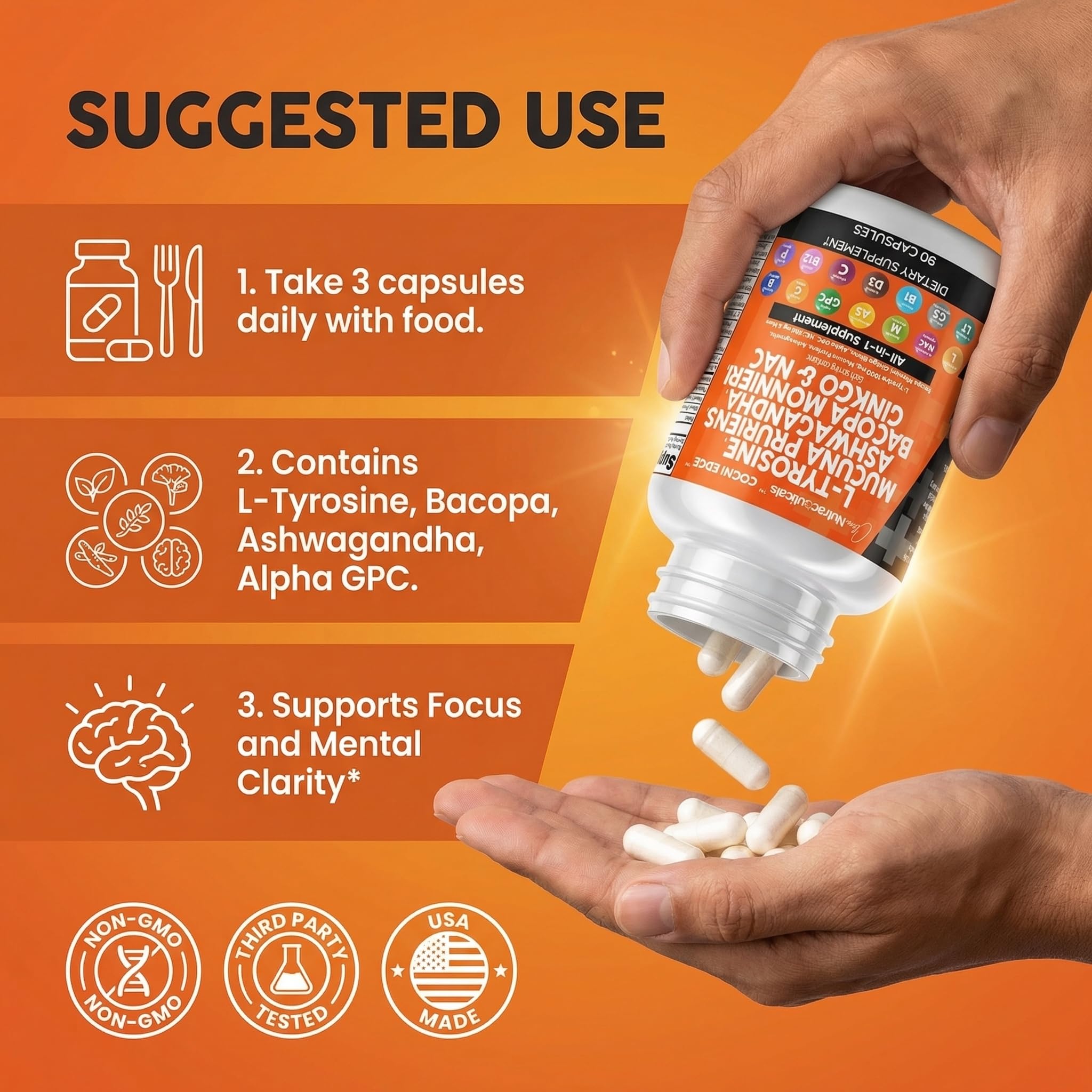 Clean Nutraceuticals L Tyrosine Mucuna Pruriens Bacopa Monnieri Ashwagandha Focus Supplement w/N-Acetyl Cysteine NAC 5-HTP Ginkgo Biloba Alpha GPC Vitamin C D B1 B12 Clean NutraceuticalsAu supplements