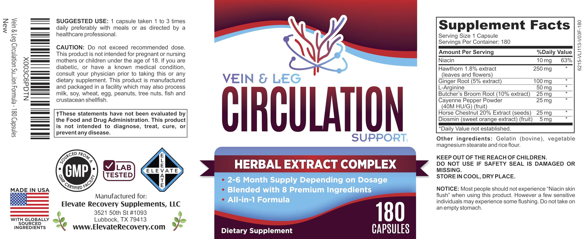 Vein & Leg Circulation (2-Month) Support Supplement with 8 Active Ingredients in 1 Formula | Leg + Vein | Blood Circulation Support Supplements | 60-Day Bulk Supply | 180 Capsules Elevate Recovery SupplementsAu supplements