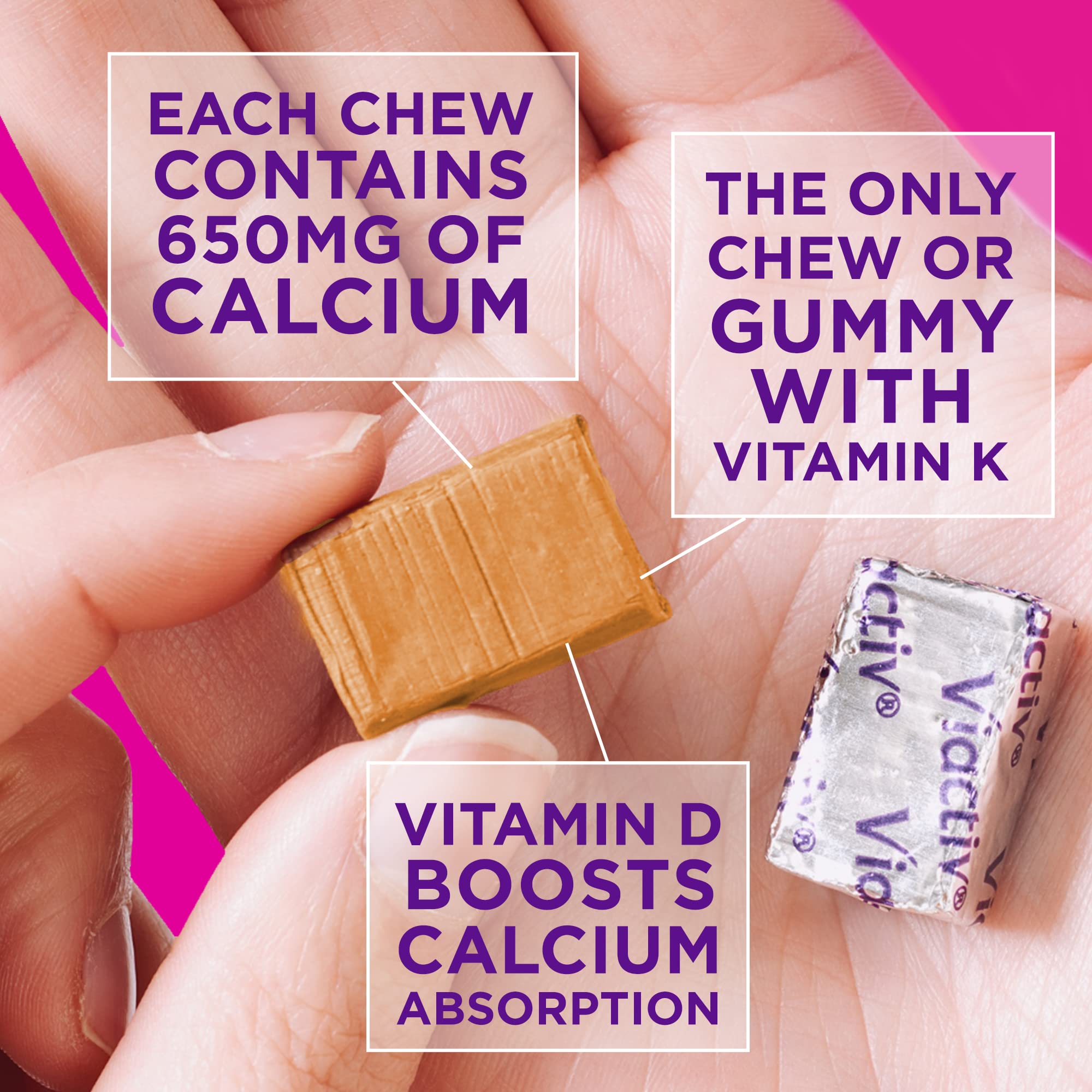 Viactiv Calcium + Vitamin D Supplement Soft Chews for Women & Men - Chewable Calcium for Bone Health Support, 650 mg per Serving, Vitamin D & K for High Absorption - 60 Count, Caramel ViactivAu supplements