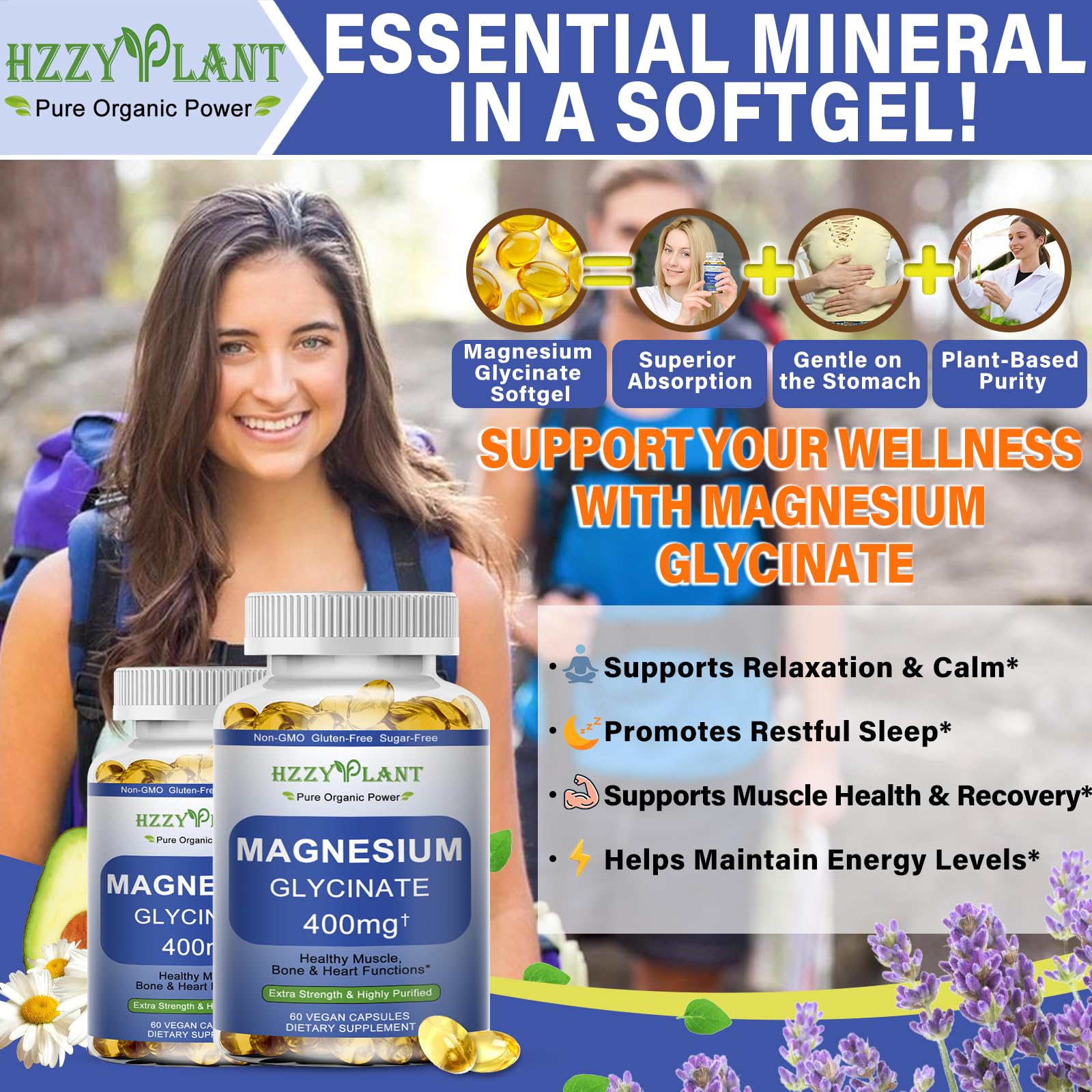 Magnesium Glycinate Softgels, High Absorption Magnesium Glycinate 400mg Supplement for Muscle, Heart, Sleep & Bone Support, Bisglycinate Softgel Capsules Supplement, Vegan, Non-GMO, 2 Month Supply HZZYPLANTAu supplements