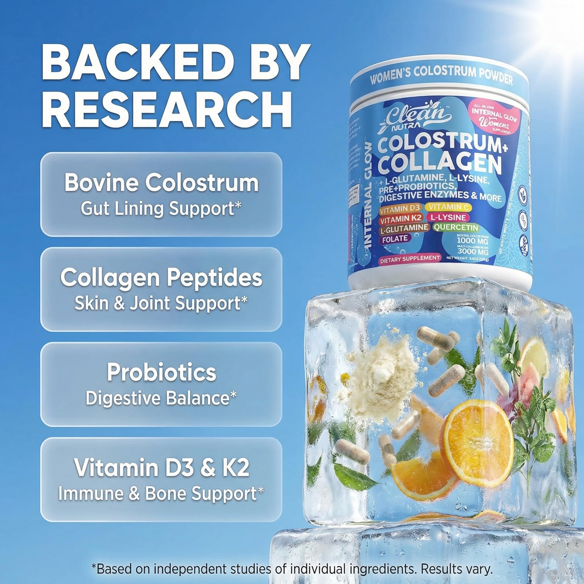 Bovine Colostrum Powder + Collagen Peptides with L-Glutamine L-Lysine Prebiotics Probiotics Digestive Enzymes Vitamin D K2 C Quercetin & Folate | Gut Health Supplement Internal Glow By Clean Nutra Clean NutraceuticalsAu supplements