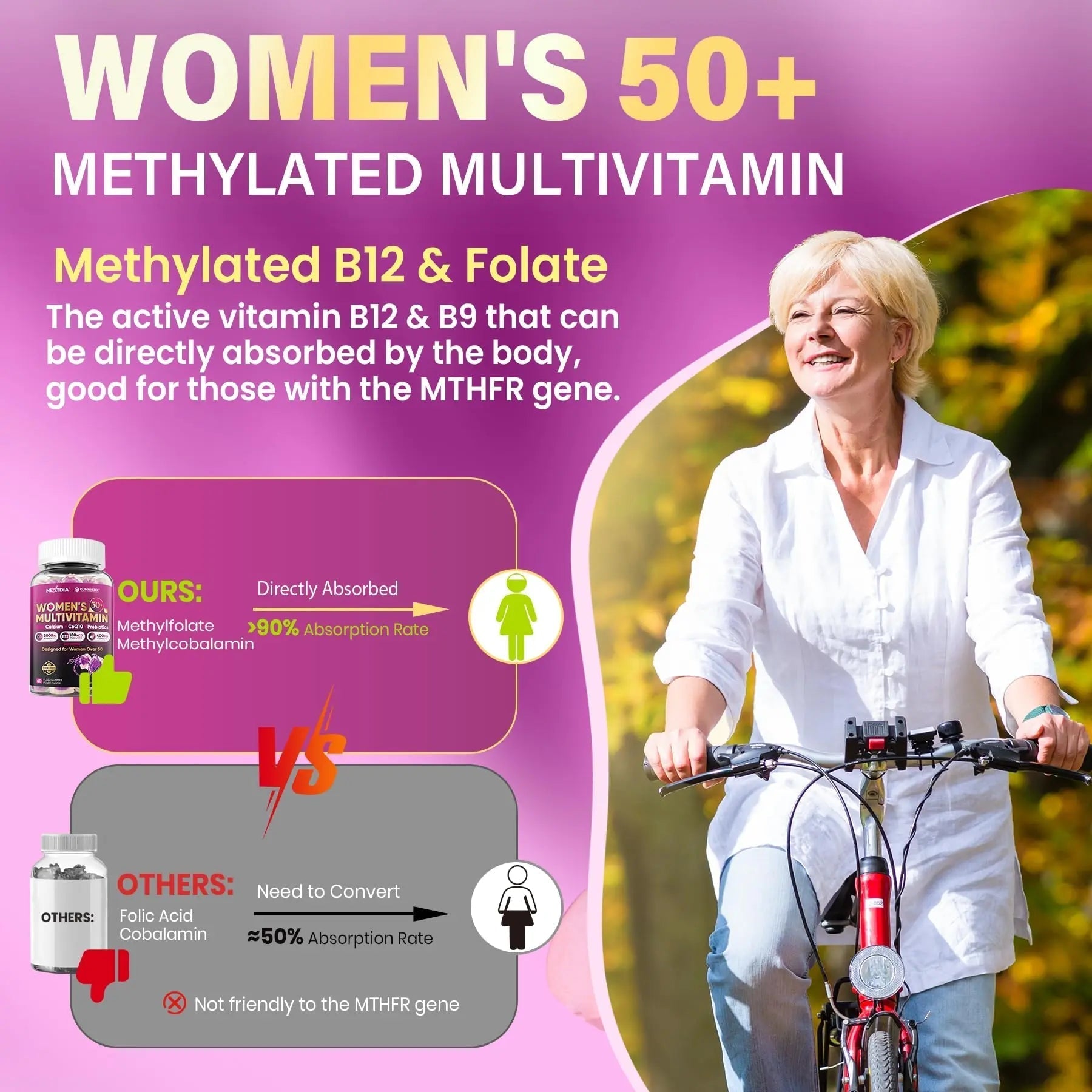 Multivitamin for Women 50 Plus Gummies, Vegan Omega 3, Methylfolate, Calcium, D3 K2, CoQ10, Daily Vitamin A C E, Methylated B12, Biotin, B Complex NextdiaAu supplements