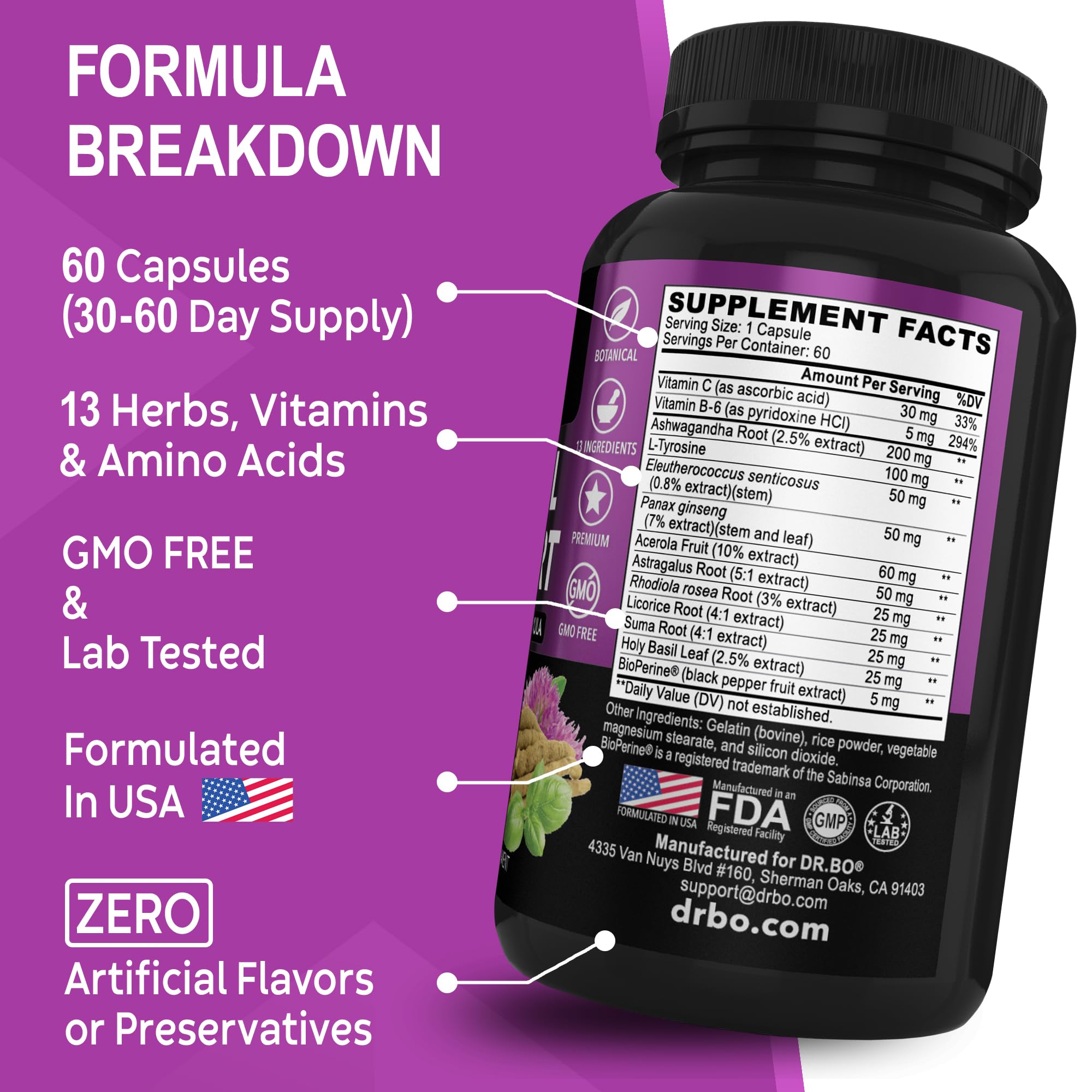 Adrenal Support Cortisol Manager Supplement - Adrenal Fatigue Supplements for Women & Men with Natural Adaptogen Ashwagandha Holy Basil Rhodiola L Tyrosine Complex Fatigue Cortisol Health - 60 Pills DR. BOAu supplements