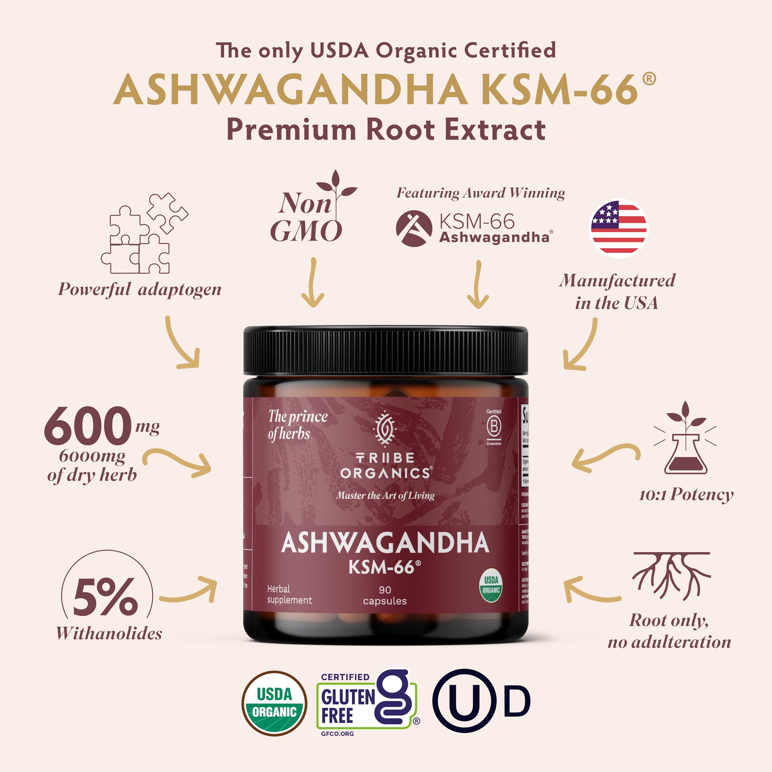 TRIBE ORGANICS Ashwagandha KSM 66 Pure Organic Root Powder Extract Ayurvedic Supplement - Focus Mood Support Increase Energy Strength 600mg of Natural KSM66 for Superior Absorption - 90 Capsules TRIBE ORGANICSAu supplements