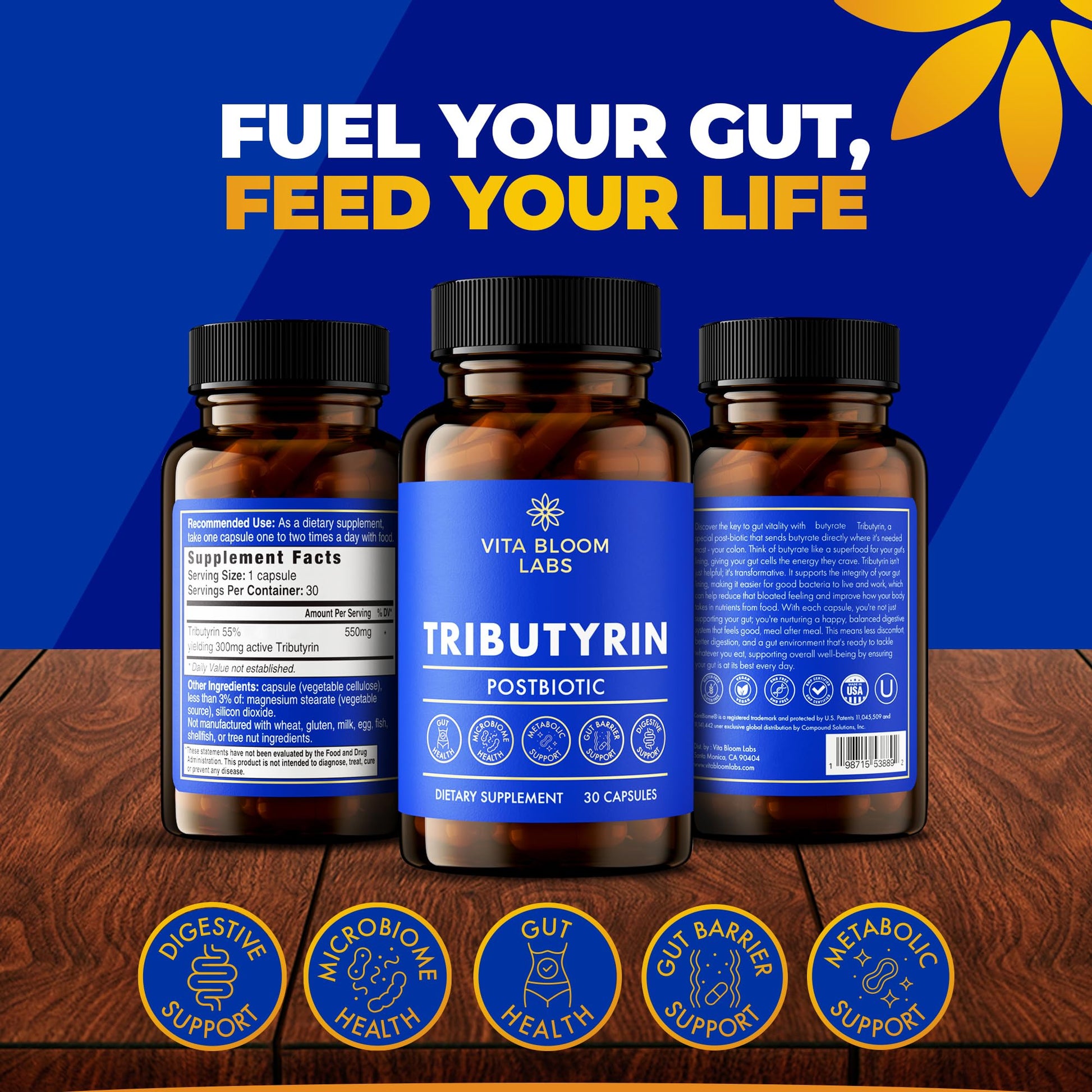 Tributyrin Supplement - Better Delivery & More Effective than Sodium Butyrate - Gut Health & Digestive Support - 3-in-1 Butyrate Postbiotics for Leaky Gut & Gut Barrier Support - 30 Capsules Vita Bloom LabsAu supplements