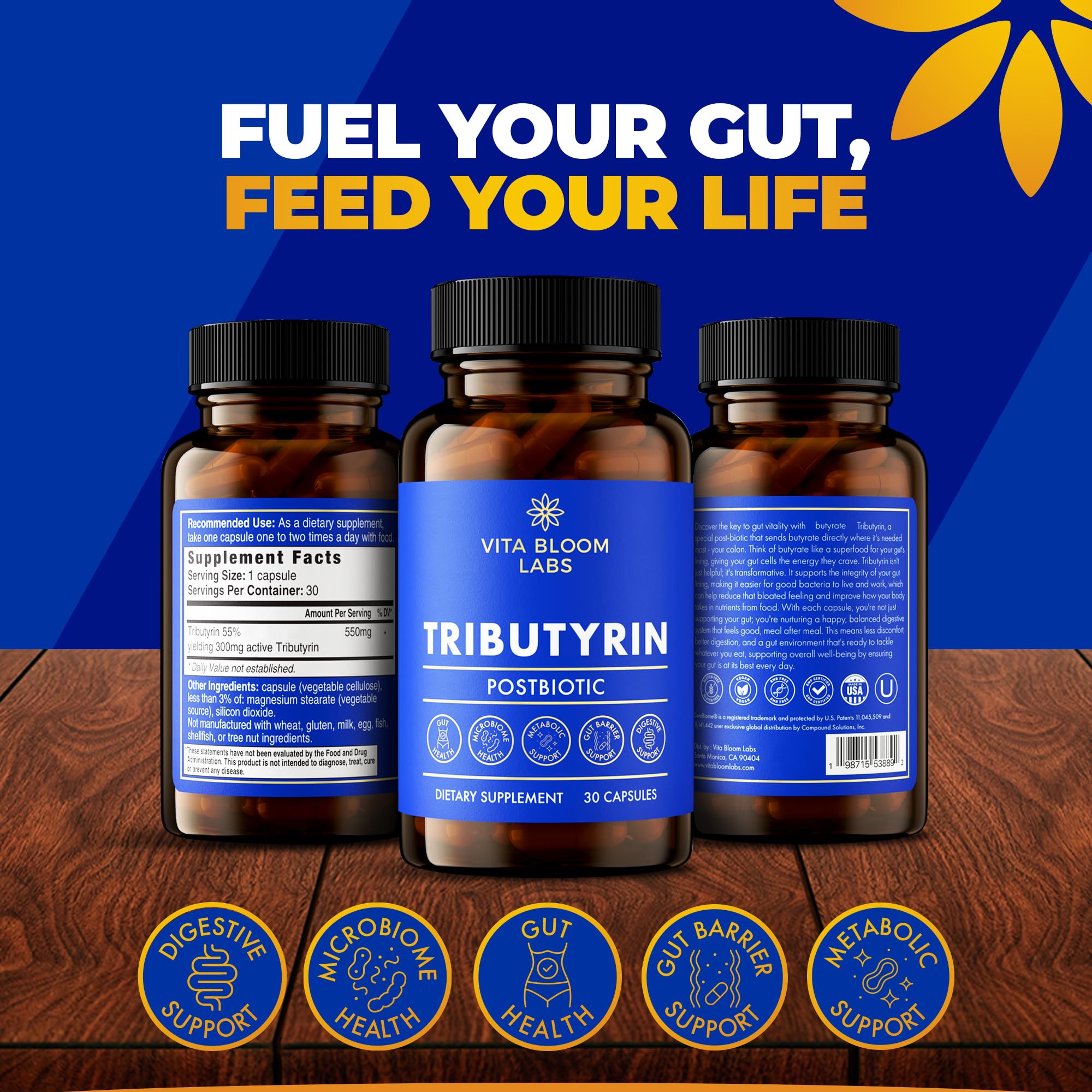 Tributyrin Supplement - Better Delivery & More Effective than Sodium Butyrate - Gut Health & Digestive Support - 3-in-1 Butyrate Postbiotics for Leaky Gut & Gut Barrier Support - 30 Capsules Vita Bloom LabsAu supplements