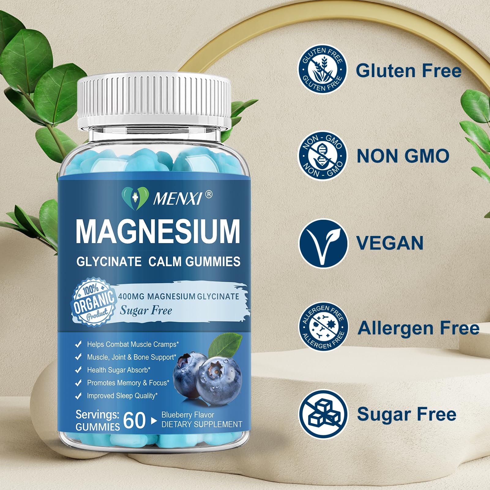 Magnesium Gummies 600mg per Serving-Magnesium Glycinate 400mg and Magnesium Malate 200mg,Sugar Free Magnesium Potassium Supplement for Calm Mood, Muscle, Bone & Sleep Support,60 Blueberry Gummies MENXIAu supplements
