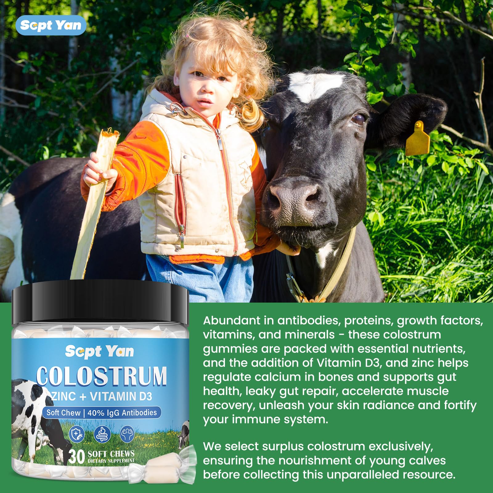 Colostrum Soft Chew Supplement (3000mg + 40% IgG), Concentrated Bovine Colostrum SEPT YANUS supplements