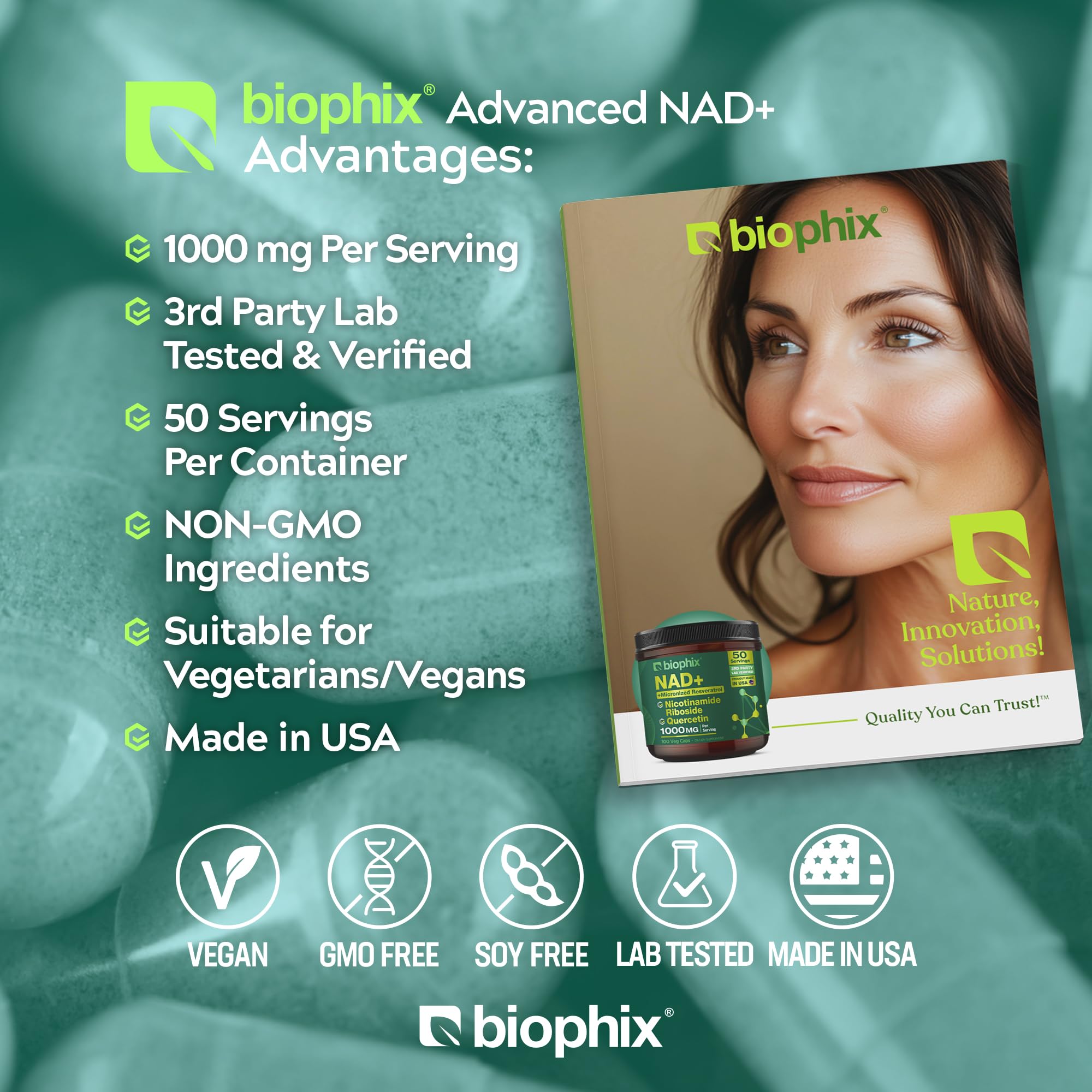 biophix NAD+ Liposomal Supplement for Women & Men - 1000 mg per Serving - Nicotinamide Riboside, Micronized Resveratrol & Quercetin Complex - 100 Veg Capsules - Non-GMO, Gluten-Free, cGMP Certified biophixAu supplements