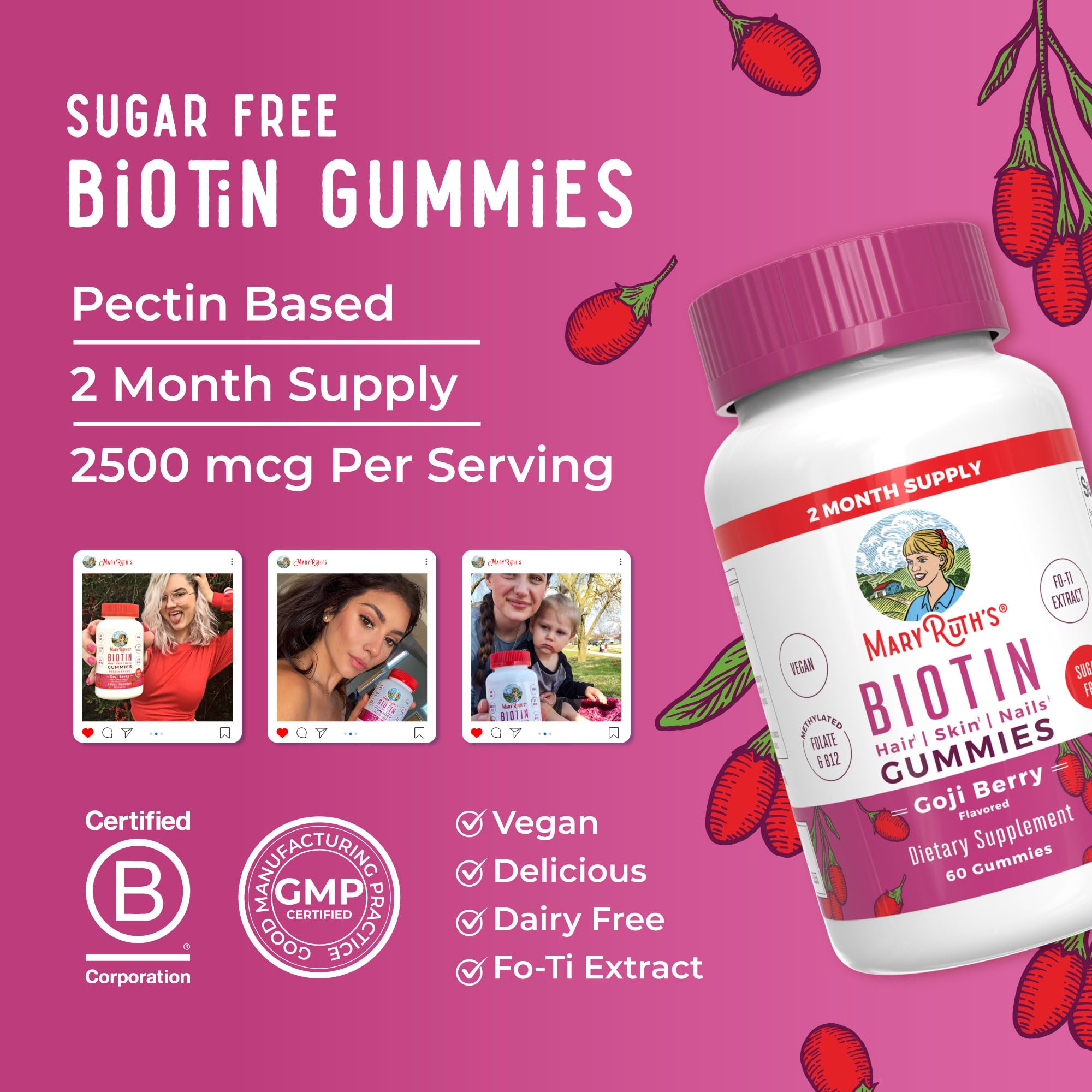MaryRuth Organics Biotin Gummies | Sugar Free | Vegan | Non-GMO | 2,500 mcg Biotin Supplement | Hair Skin and Nails Vitamins | Hair Growth Vitamins | Hair Growth Supplement | 60 Count MARYRUTH'SUS supplements