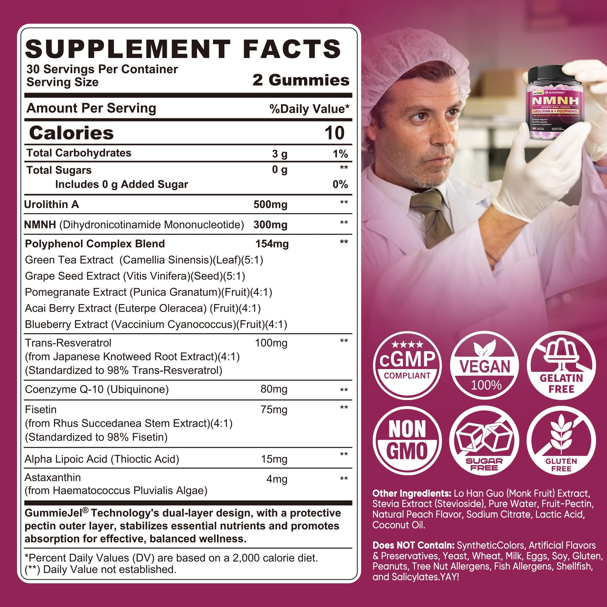 NMNH Gummies 300MG for Longevity with Urolithin A, Polyphenol Blend, Resveratrol, NAD+ Supplement for Women & Men Boost NAD+ Levels, Optimized Aging, Cell, DNA Repair, Energy, Focus, Sugar Free, 60cts NextdiaAu supplements