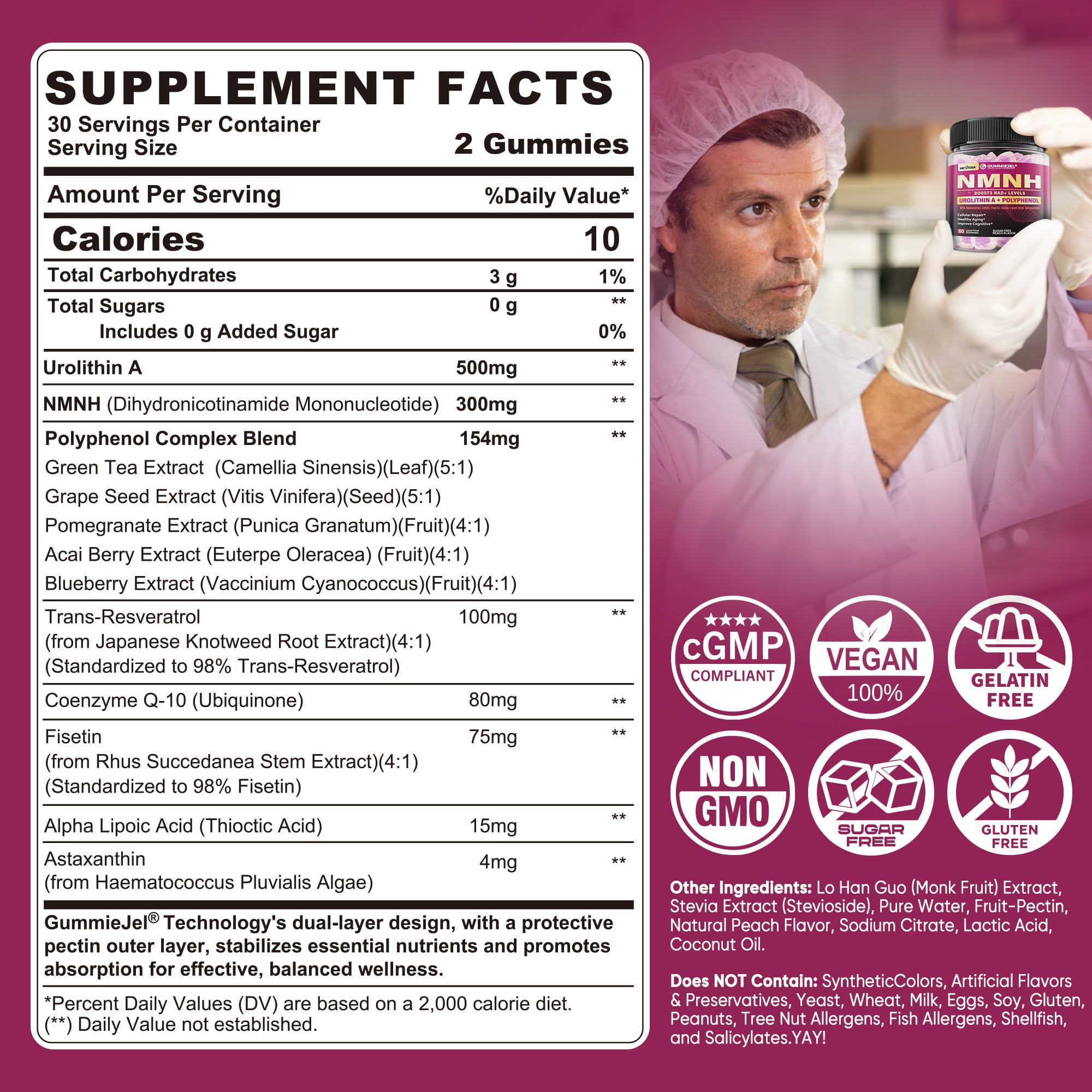 NMNH Gummies 300MG for Longevity with Urolithin A, Polyphenol Blend, Resveratrol, NAD+ Supplement for Women & Men Boost NAD+ Levels, Optimized Aging, Cell, DNA Repair, Energy, Focus, Sugar Free, 60cts NextdiaAu supplements