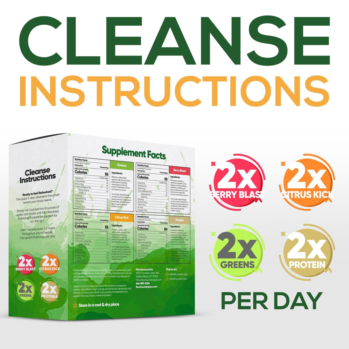Raw Fountain 3 Day Juice Cleanse Detox, Weight Management Program, 24 Powder Packets Raw FountainUS supplements
