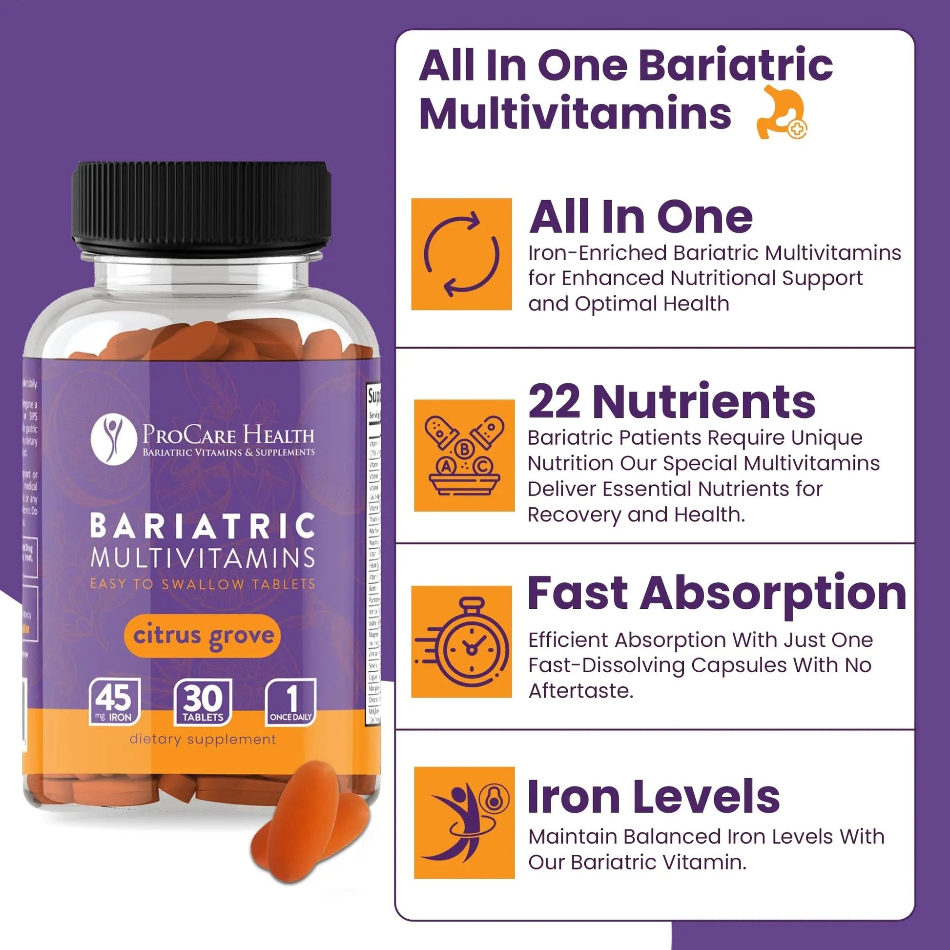 Procare Health Bariatric Multivitamin with Iron 45mg Easy to Swallow 30 Tablets - Post Op Bariatric Vitamins for Gastric Bypass Pills ProCare HealthAu supplements