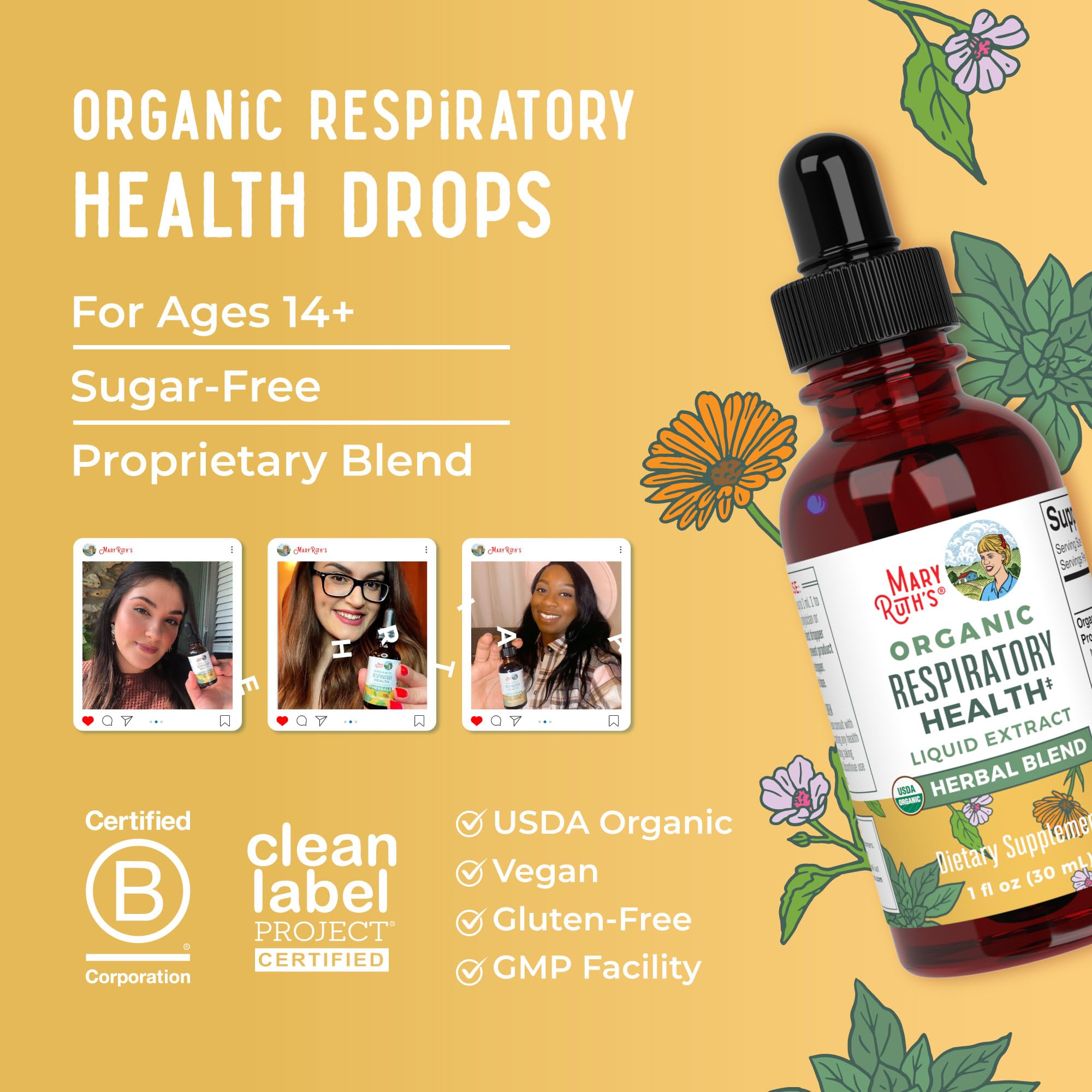 MaryRuth Organics USDA Organic Respiratory Health Liquid Drops with Mullein Leaf | Marshmallow Root & Elderberry | Mullein Drops for Lungs Herbal Blend | Immune Support Supplement | Vegan | 1 Fl Oz MARYRUTH'SUS supplements