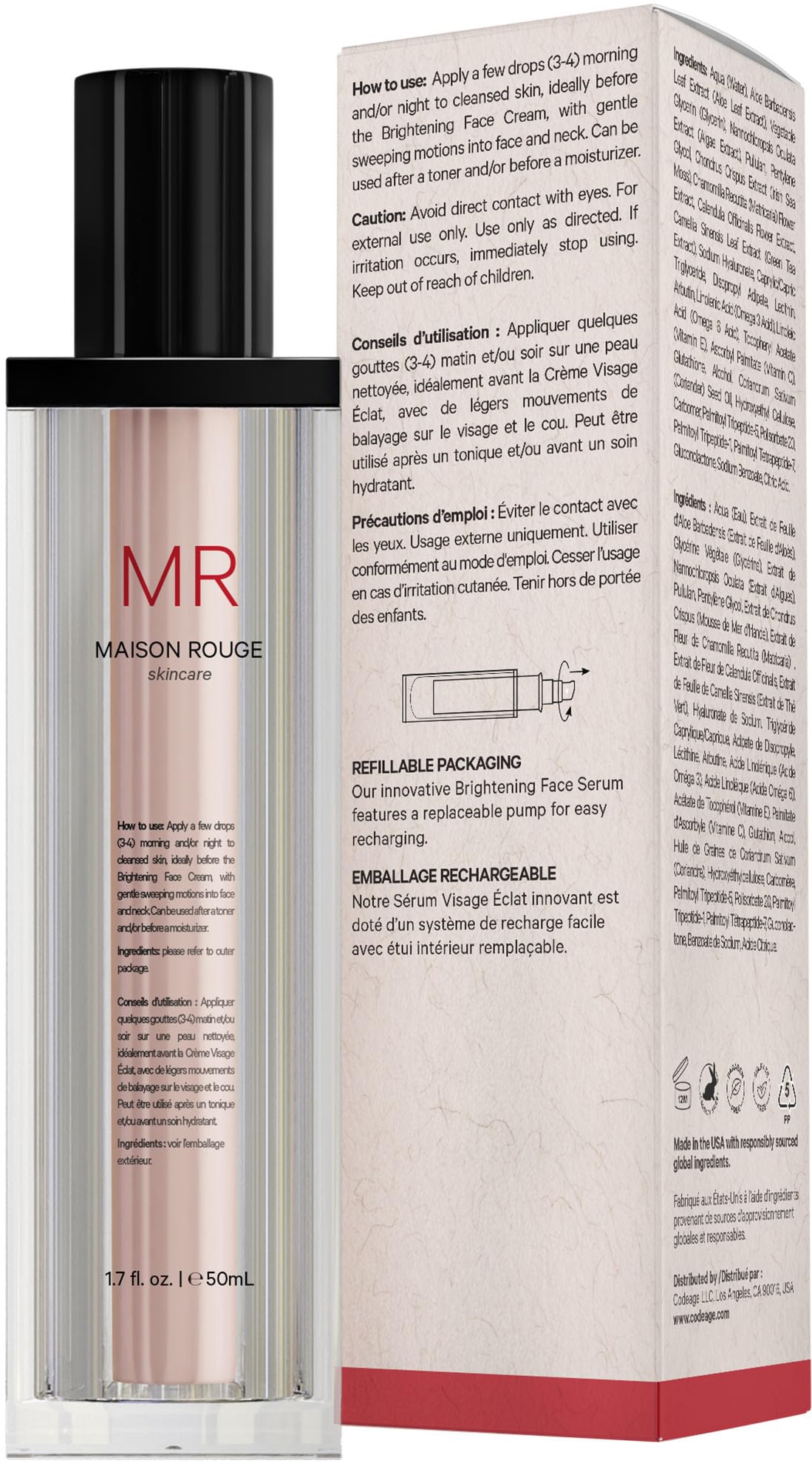 Maison Rouge Brightening Face Serum by Codeage - Glutathione Serum, Vitamin C, E, Hyaluronic Acid, Collagen - Radiance Enhancing - Parabens and Sulfates-Free - Refillable - All Skin Types - 1.7 fl oz CodeageAu supplements