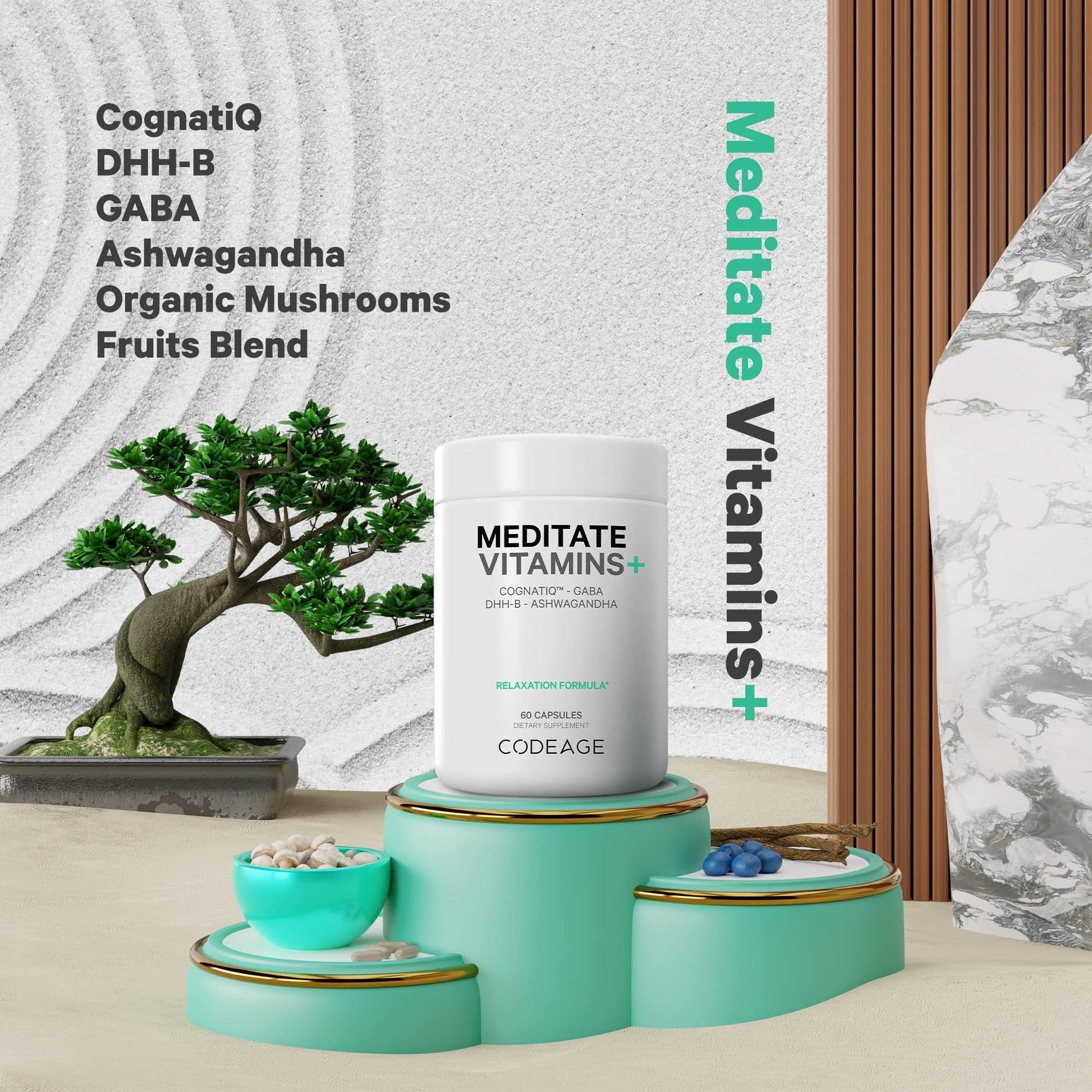Codeage Meditate Vitamins+ Supplement - CognatiQ, DHH-B, GABA, Ashwagandha, Organic Mushrooms, Blueberries - BDNF Brain Pills and Neuroprotein - Vegan, Non-GMO, Gluten-Free - 60 Capsules CodeageAu supplements