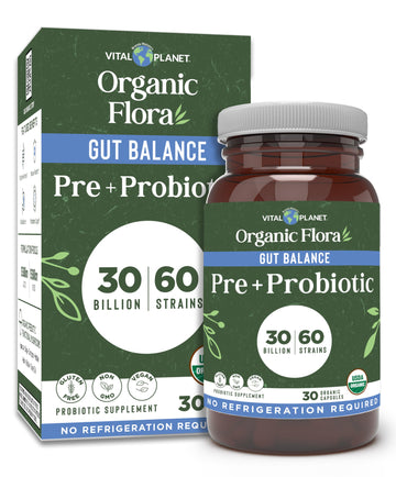 Vital Planet - Organic Flora Probiotics for Gut Health Balance, Shelf Stable Probiotic 30 Billion CFU, 60 Diverse Strains, Prebiotic Organic Mushroom Blend