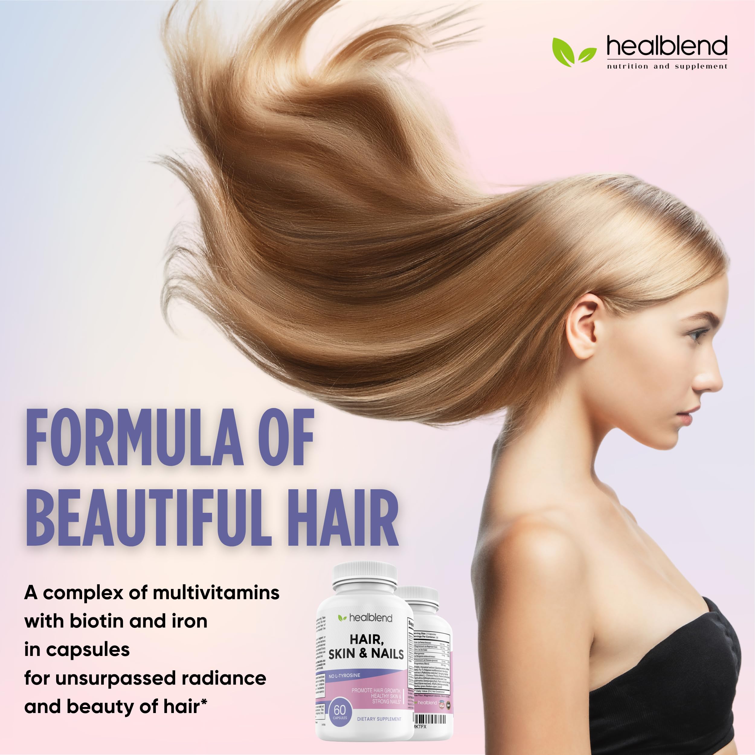 healblend Hair Skin and Nails Vitamins for Women with Biotin 5000 mcg, Iron and Manganese | Vegan, Non-GMO | 60 Capsules healblendAu supplements