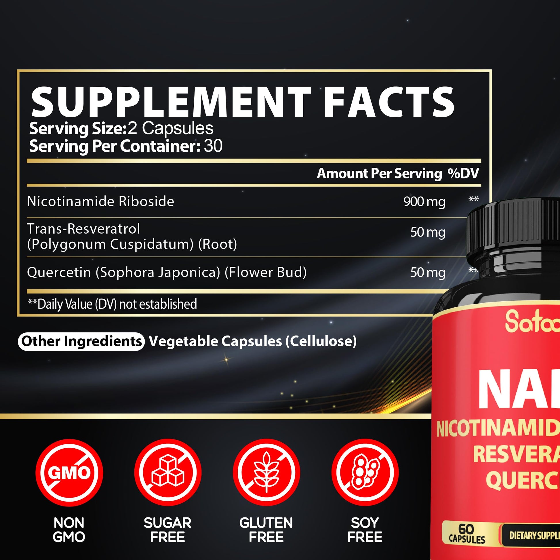Satoomi NAD Supplement with Nicotinamide Riboside NR, Resveratrol, Quercetin - 60 Count - 30 Days SatoomiAu supplements